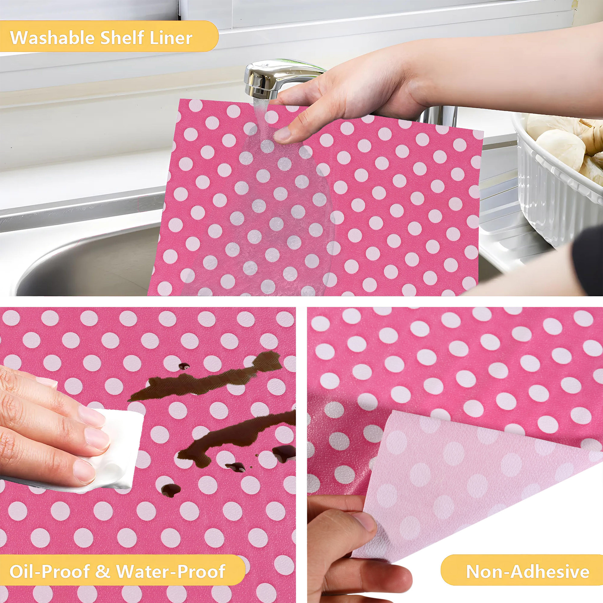 Kuber Industries 5 Meters Waterproof  Durable Kitchen Mats for Shelf Liner Roll  Wipeable Fridge Sheets for Shelves Cabinet Drawer  White Polka Dot - Pink
