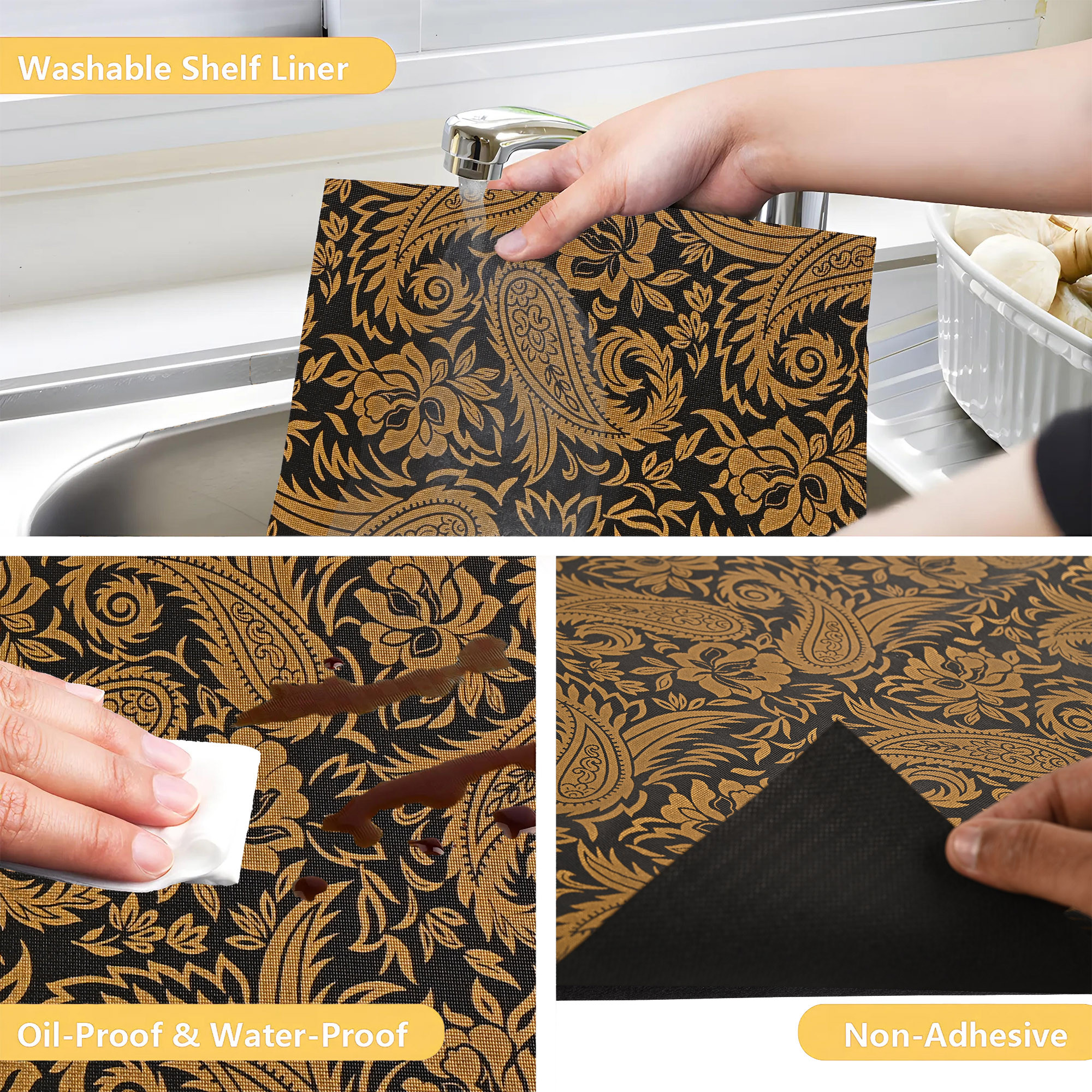 Kuber Industries 5 Meters Waterproof Wardrobe Shelf Liners for Kitchen Shelves  Multipurpose Almari Fridge  Cupboard Sheets for Wardrobe  Carry Design - Golden  Black