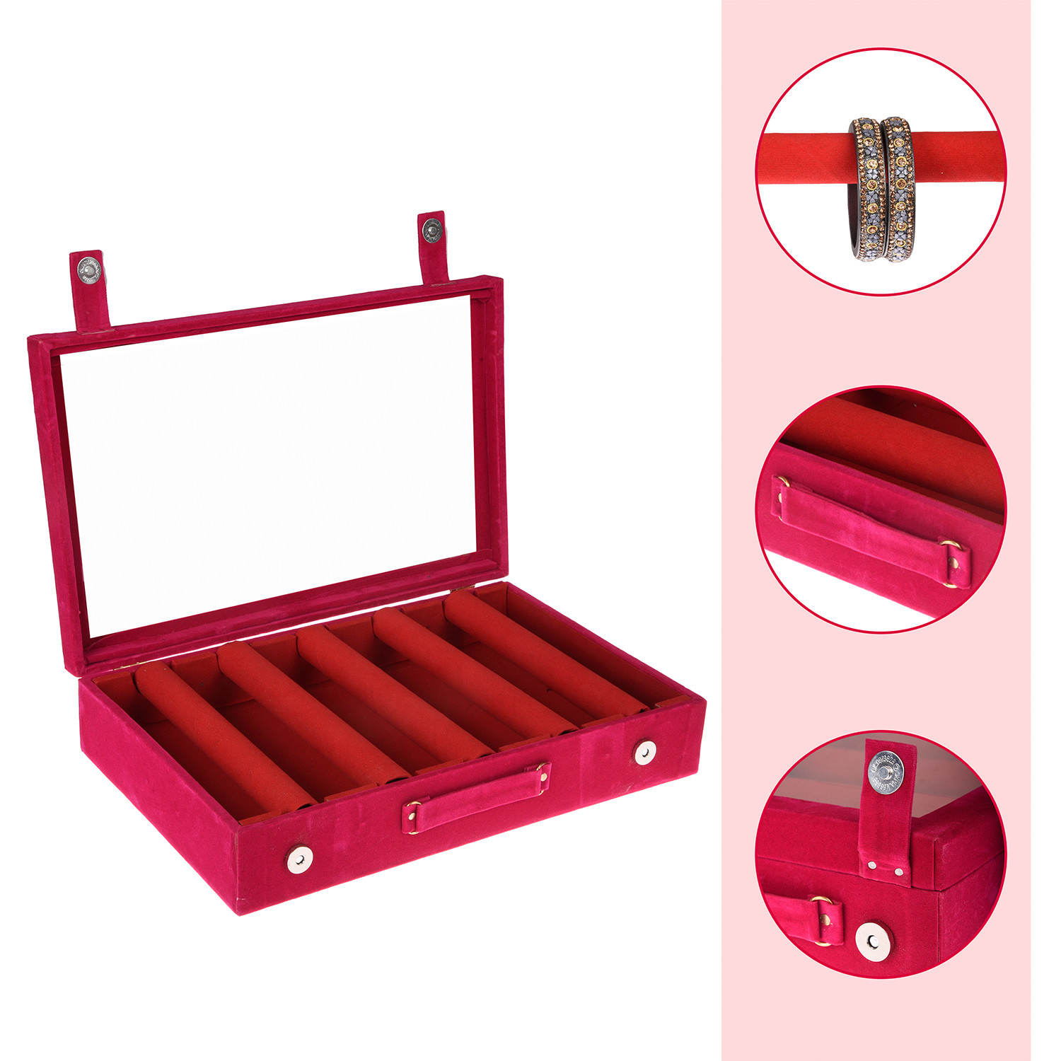 Kuber Industries 5 Rod Bangle Box|Wooden Jewelry Box|Wedding Vanity Box|Velvet Coated Wedding Bracelet Organizer for Women & Girls (Pink)