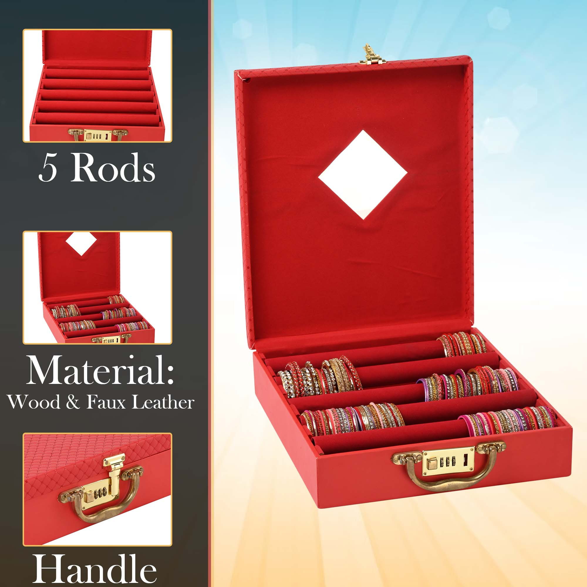 Kuber Industries 5 Rod Bangle Organisers Storage Box For Women  Bridal Chudi Box  Gold Jewellery Holder With Number Locker  Red Embroidery