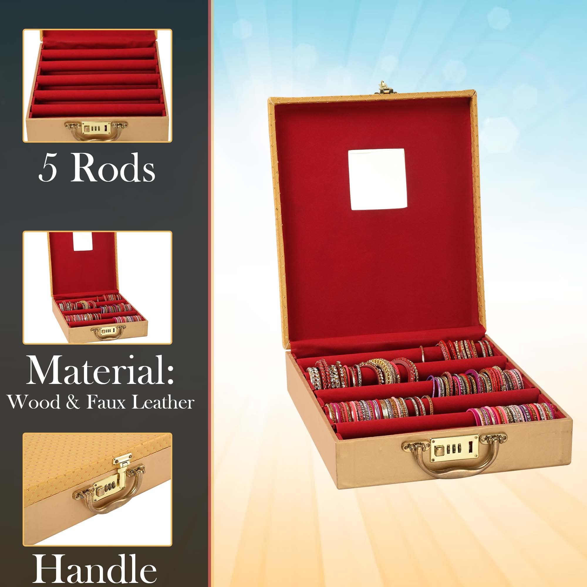 Kuber Industries 5 Rod Bangle Organisers Storage Box For Women  Bridal Chudi Box  Gold Jewellery Holder With Number Locker  Golden Embroidery