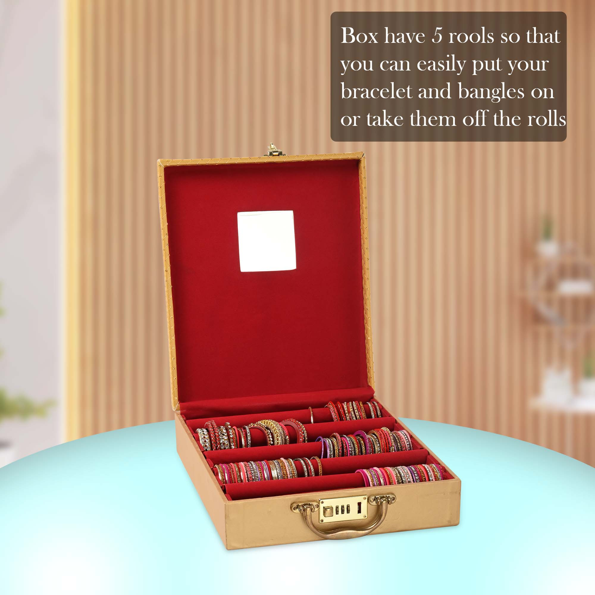 Kuber Industries 5 Rod Bangle Organisers Storage Box For Women  Bridal Chudi Box  Gold Jewellery Holder With Number Locker  Golden Embroidery
