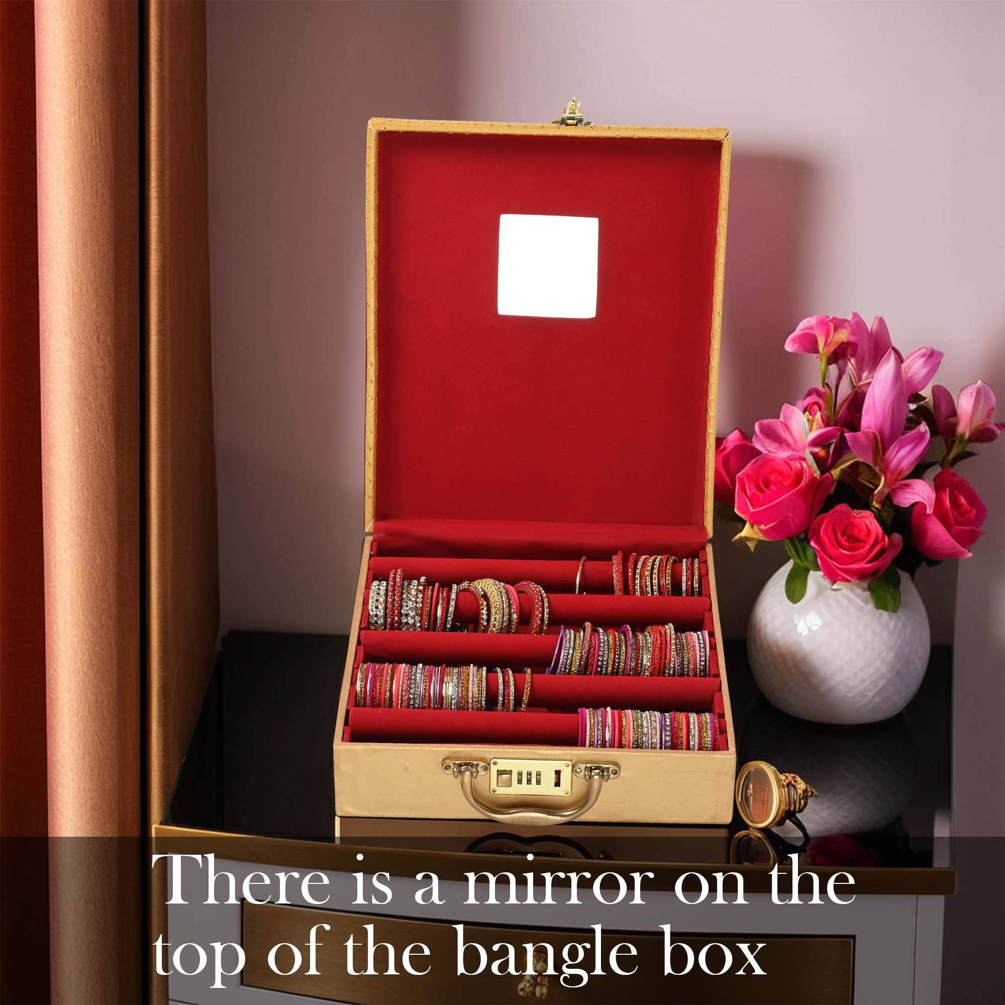 Kuber Industries 5 Rod Bangle Organisers Storage Box For Women  Bridal Chudi Box  Gold Jewellery Holder With Number Locker  Golden Embroidery