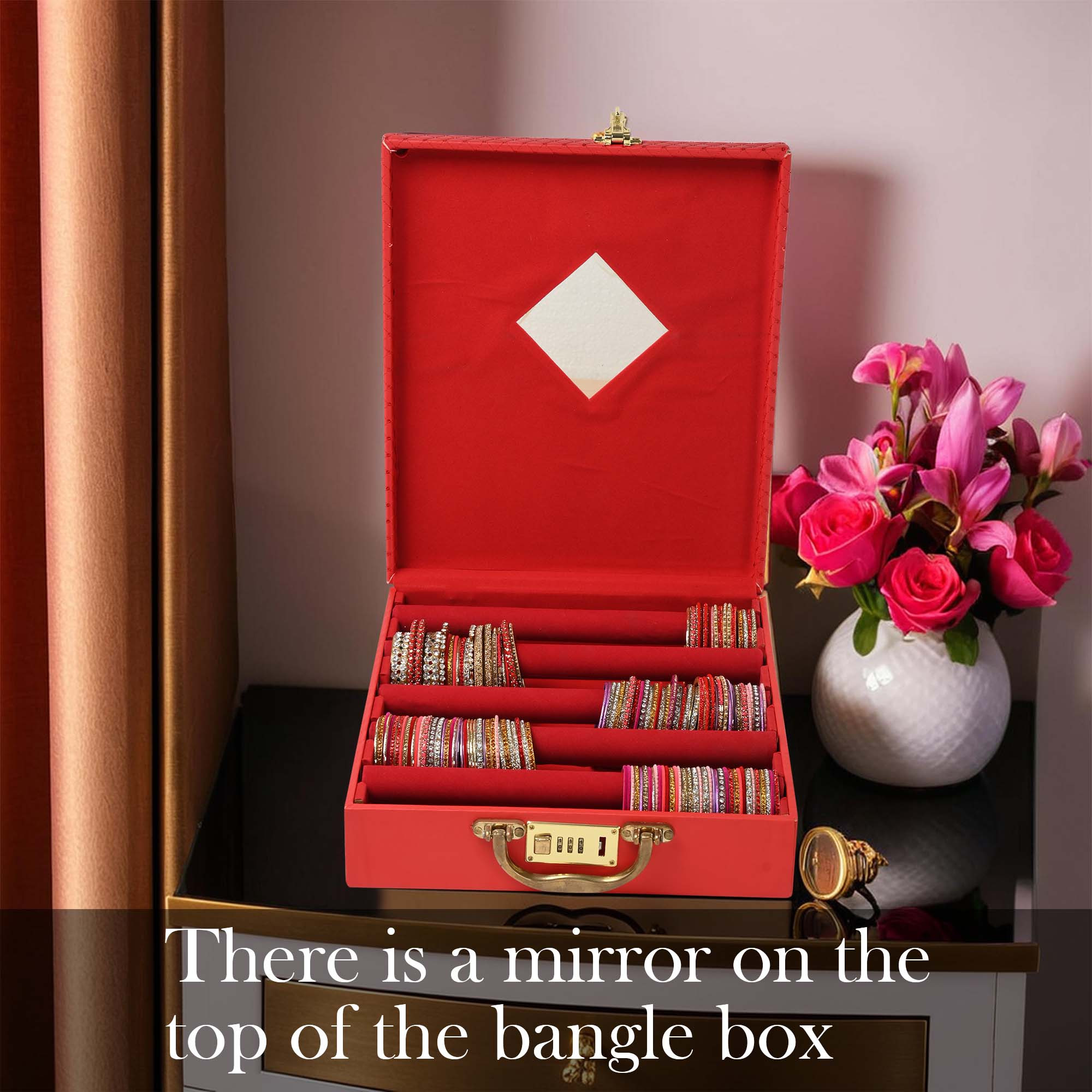 Kuber Industries 5 Rod Bangle Organisers Storage Box For Women  Bridal Chudi Box  Gold Jewellery Holder With Number Locker  Red Embroidery