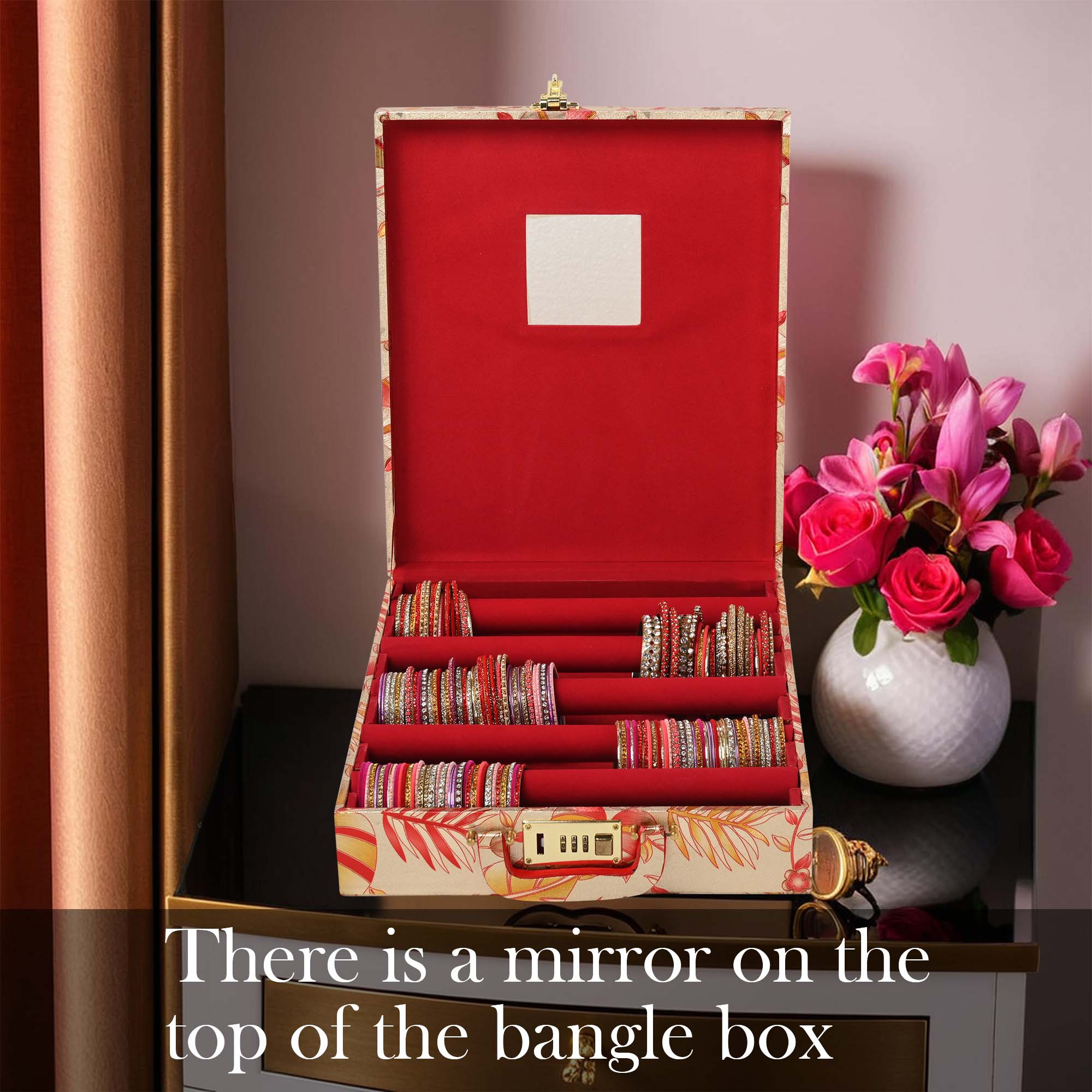 Kuber Industries 5 Rod Bangle Organisers Storage Box For Women  Bridal Chudi Box  Gold Jewellery Holder With Number Locker  Gold  Red Design
