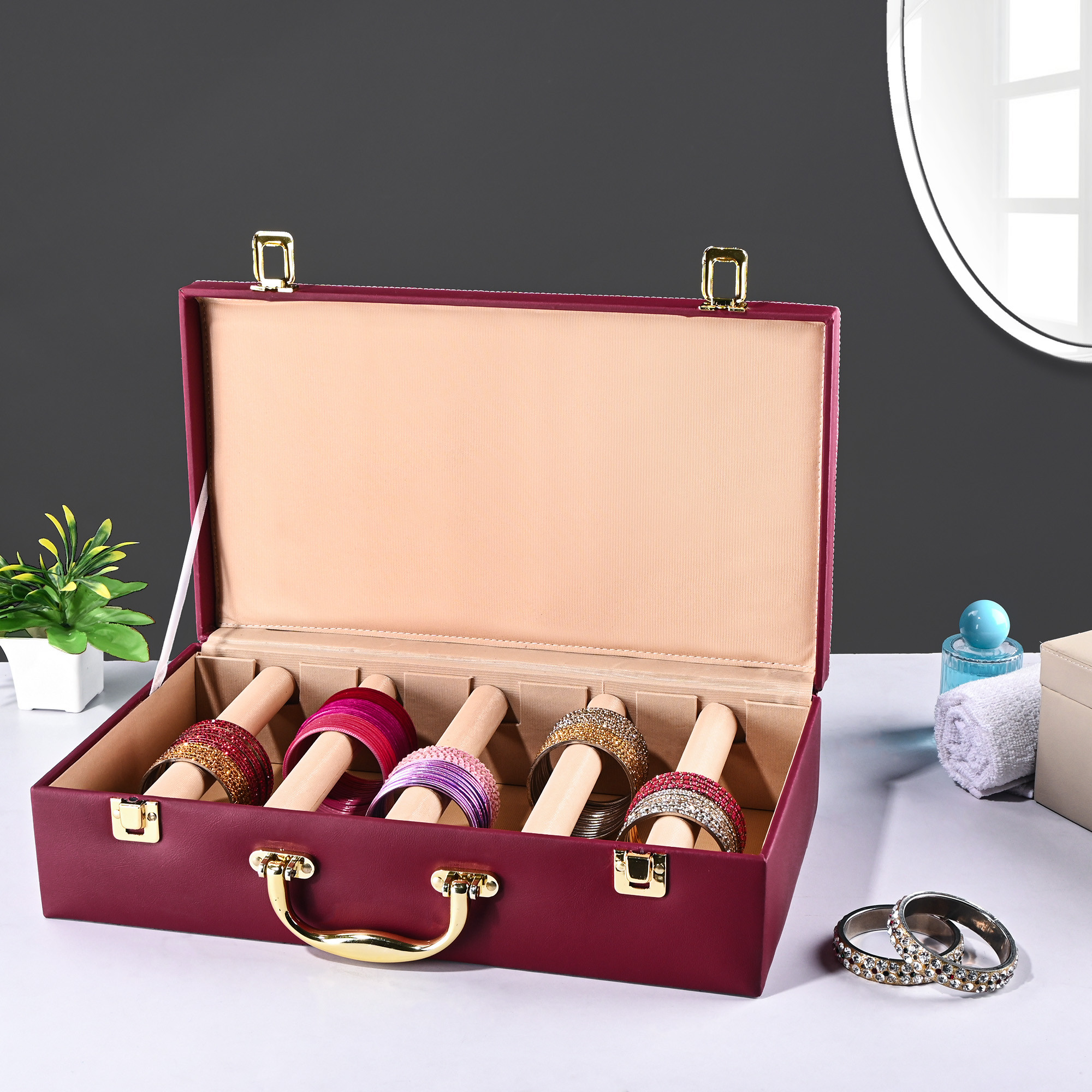 Kuber Industries 5 Rod Premium Faux Leather Bangles Box for WomenBride with Handle  BangalBangle Organizer Box  ChuriChudi Box for Women Bridal  Bangles Organisers Box  Maroon