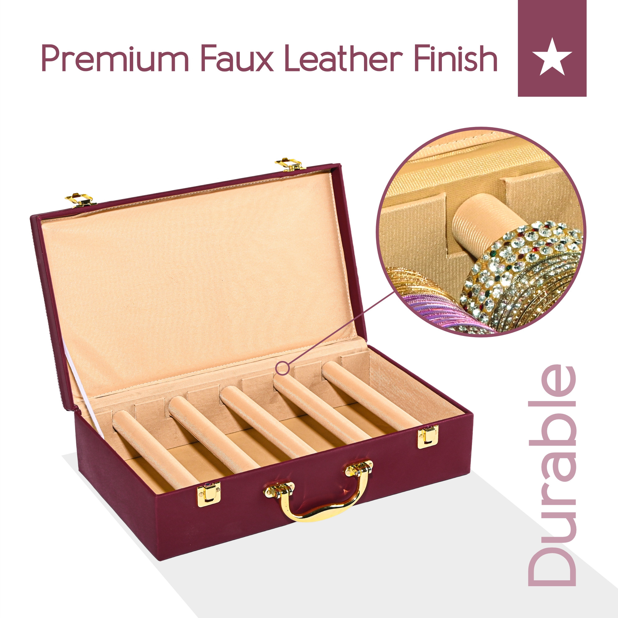 Kuber Industries 5 Rod Premium Faux Leather Bangles Box for WomenBride with Handle  BangalBangle Organizer Box  ChuriChudi Box for Women Bridal  Bangles Organisers Box  Maroon