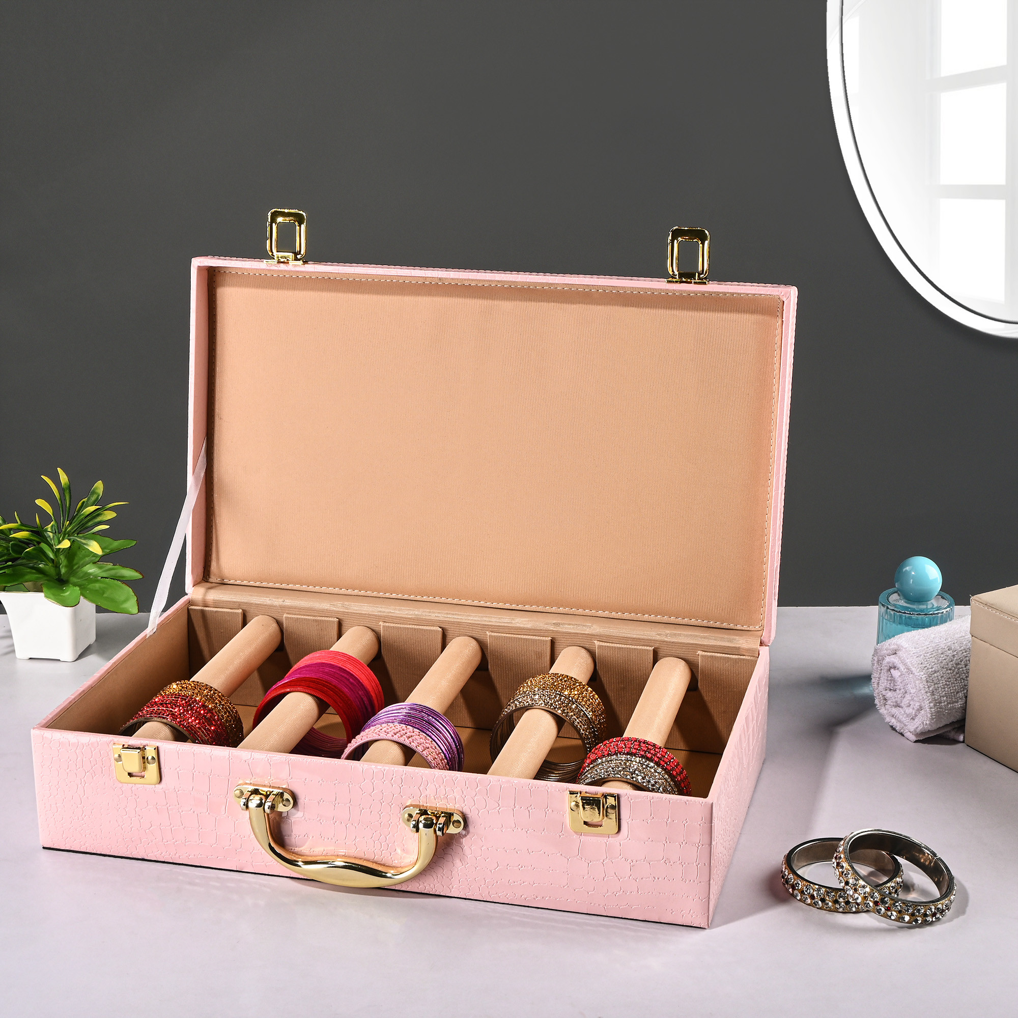 Kuber Industries 5 Rod Premium Faux Leather Bangles Box for WomenBride with Handle  BangalBangle Organizer Box  ChuriChudi Box for Women Bridal  Bangles Organisers Box  Pink