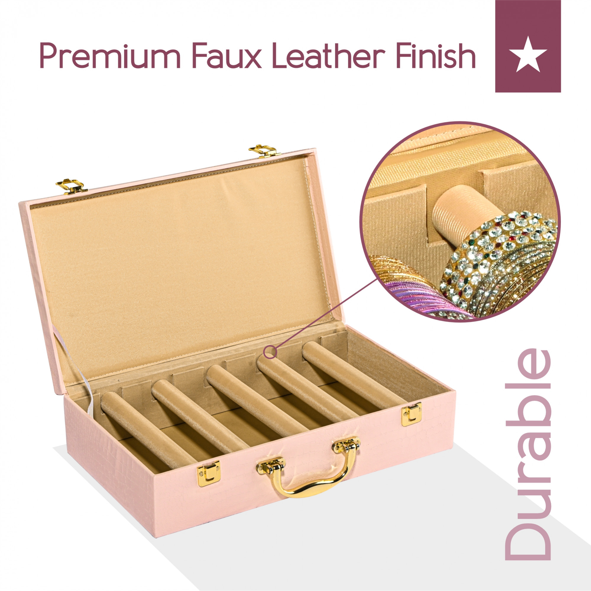 Kuber Industries 5 Rod Premium Faux Leather Bangles Box for WomenBride with Handle  BangalBangle Organizer Box  ChuriChudi Box for Women Bridal  Bangles Organisers Box  Pink