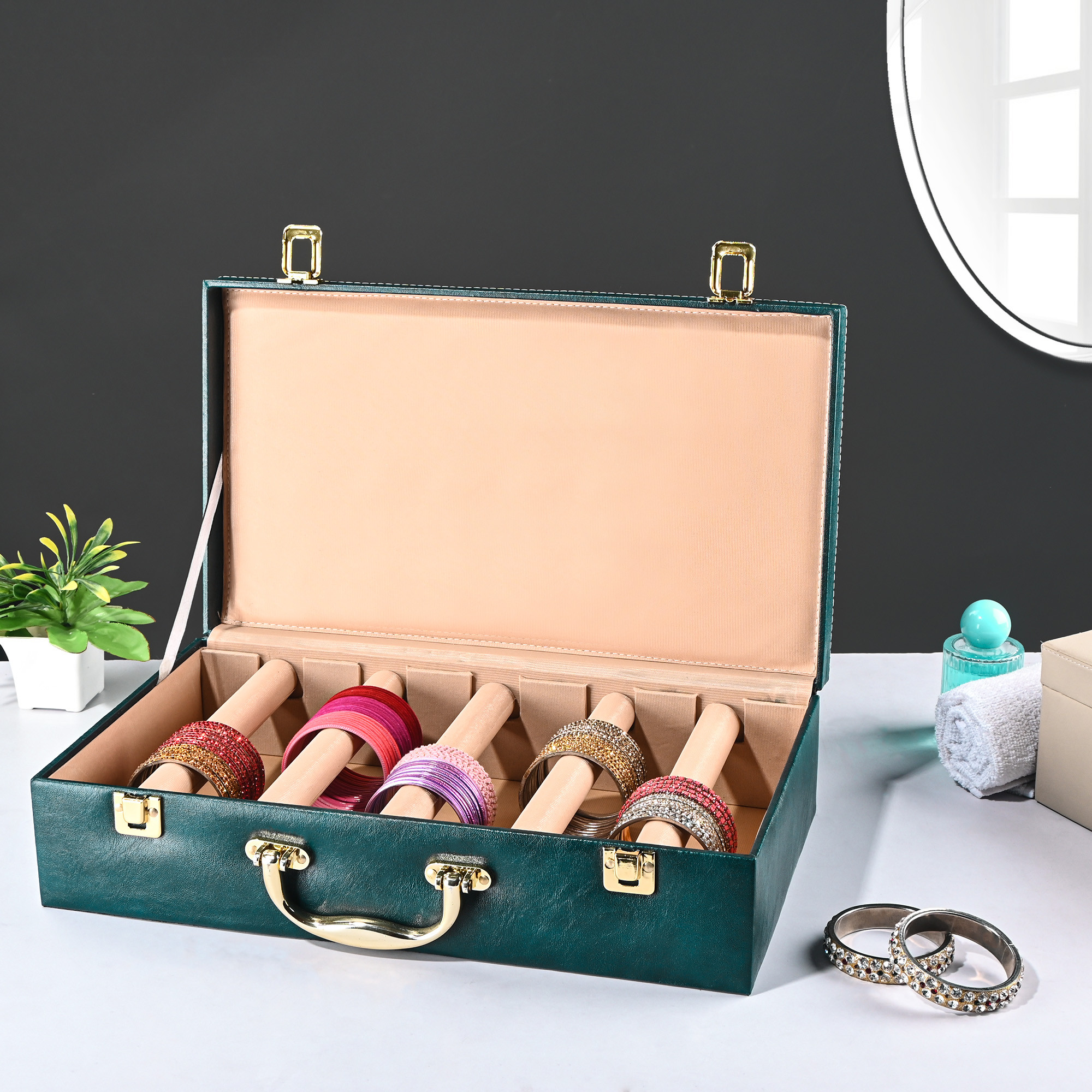 Kuber Industries 5 Rod Premium Faux Leather Bangles Box for WomenBride with Handle  BangalBangle Organizer Box  ChuriChudi Box for Women Bridal  Bangles Organisers Box  Teal
