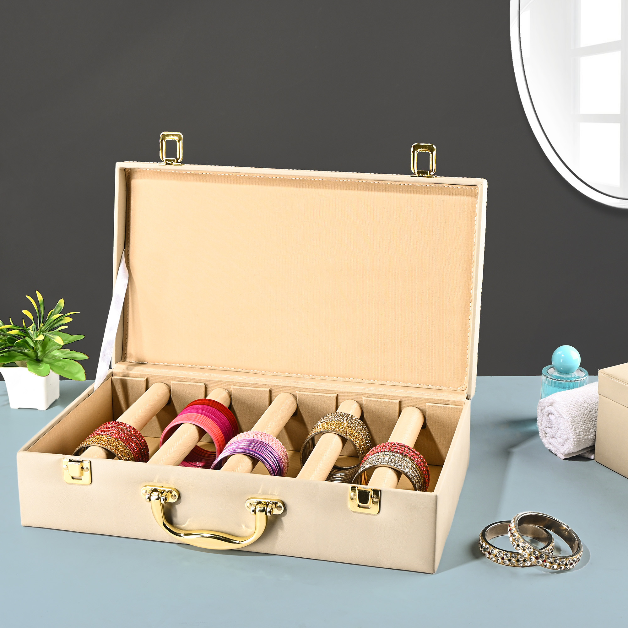 Kuber Industries 5 Rod Premium Faux Leather Bangles Box for WomenBride with Handle  BangalBangle Organizer Box  ChuriChudi Box for Women Bridal  Bangles Organisers Box  Beige