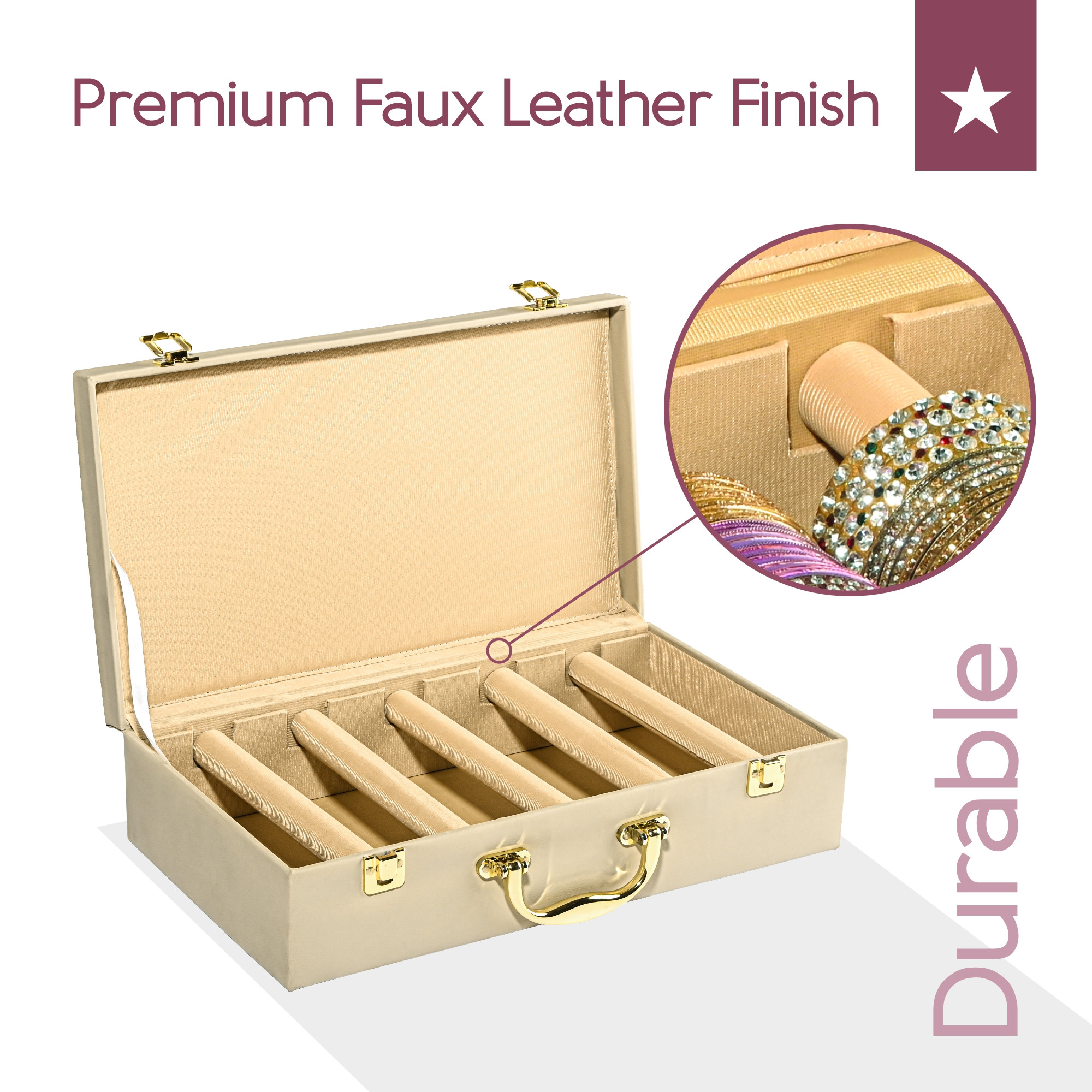 Kuber Industries 5 Rod Premium Faux Leather Bangles Box for WomenBride with Handle  BangalBangle Organizer Box  ChuriChudi Box for Women Bridal  Bangles Organisers Box  Beige