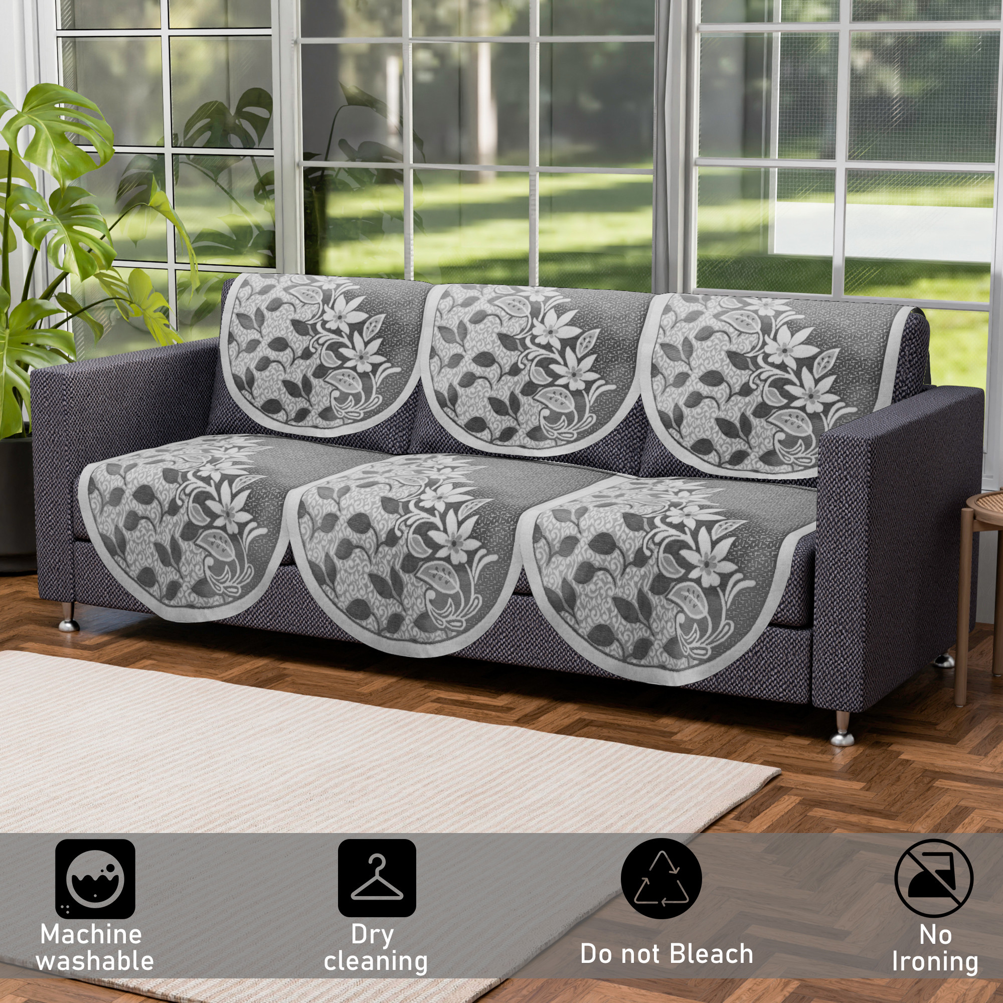 Kuber Industries 5 Seater Cotton Sofa Cover  Center Table Cover  Removable  Washable Sofa Set  Table Cover For Living Room -Floral Grey