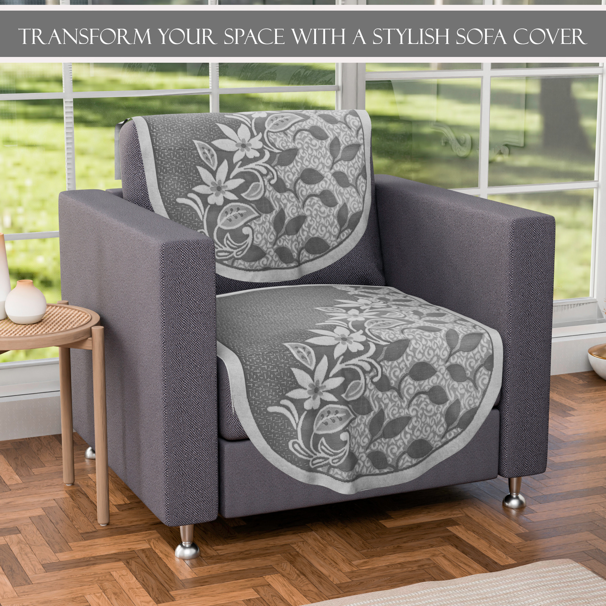 Kuber Industries 5 Seater Cotton Sofa CoverSlip Cover  Set of 10 Pieces  Removable  Washable Sofa Set Cover For Living Room -Floral Grey