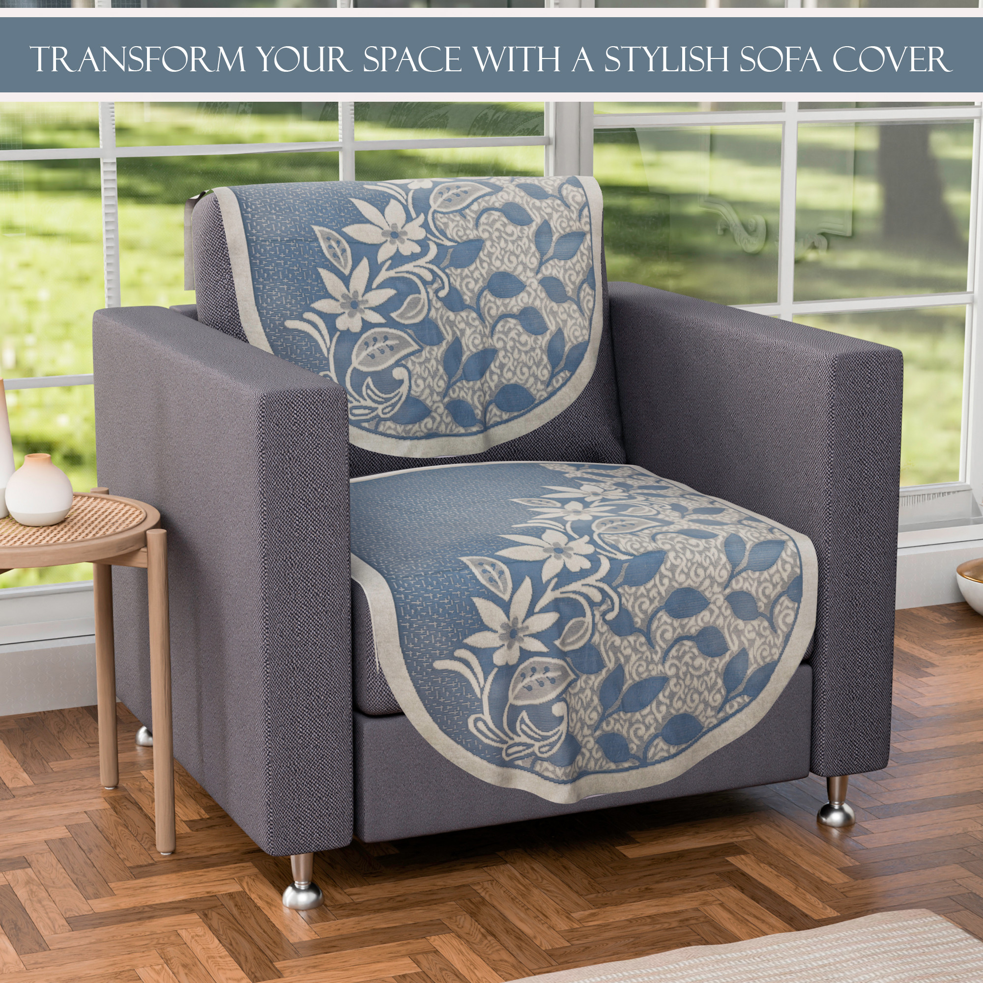 Kuber Industries 5 Seater Cotton Sofa CoverSlip Cover  Set of 10 Pieces  Removable  Washable Sofa Set Cover For Living Room -Floral Blue