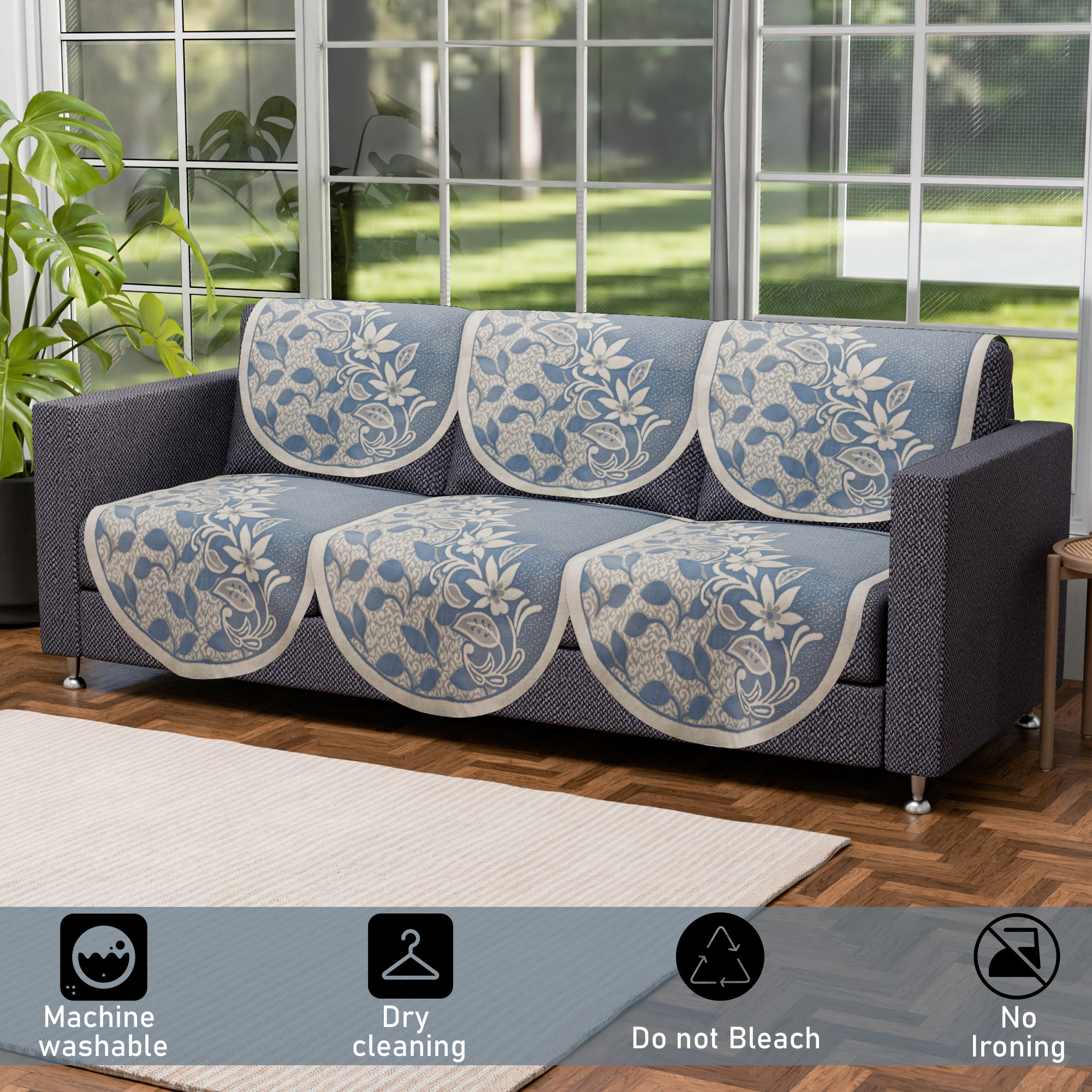 Kuber Industries 5 Seater Cotton Sofa CoverSlip Cover  Set of 10 Pieces  Removable  Washable Sofa Set Cover For Living Room -Floral Blue