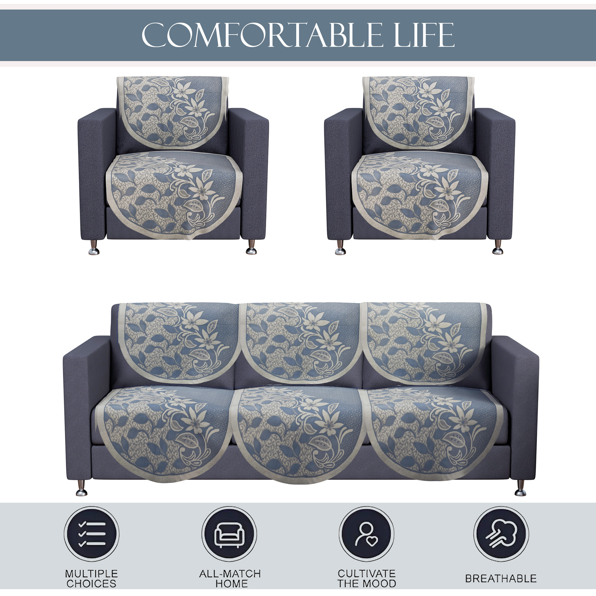 Kuber Industries 5 Seater Cotton Sofa CoverSlip Cover  Set of 10 Pieces  Removable  Washable Sofa Set Cover For Living Room -Floral Blue