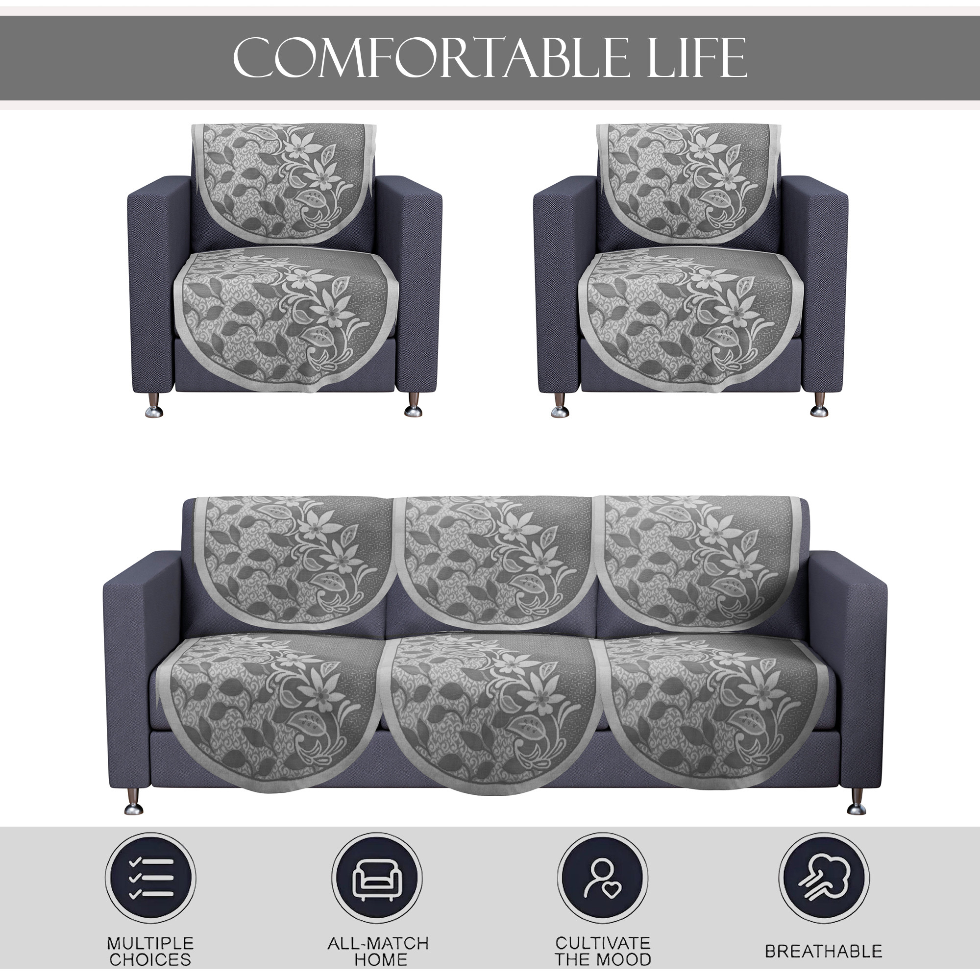 Kuber Industries 5 Seater Cotton Sofa CoverSlip Cover  Set of 10 Pieces  Removable  Washable Sofa Set Cover For Living Room -Floral Grey