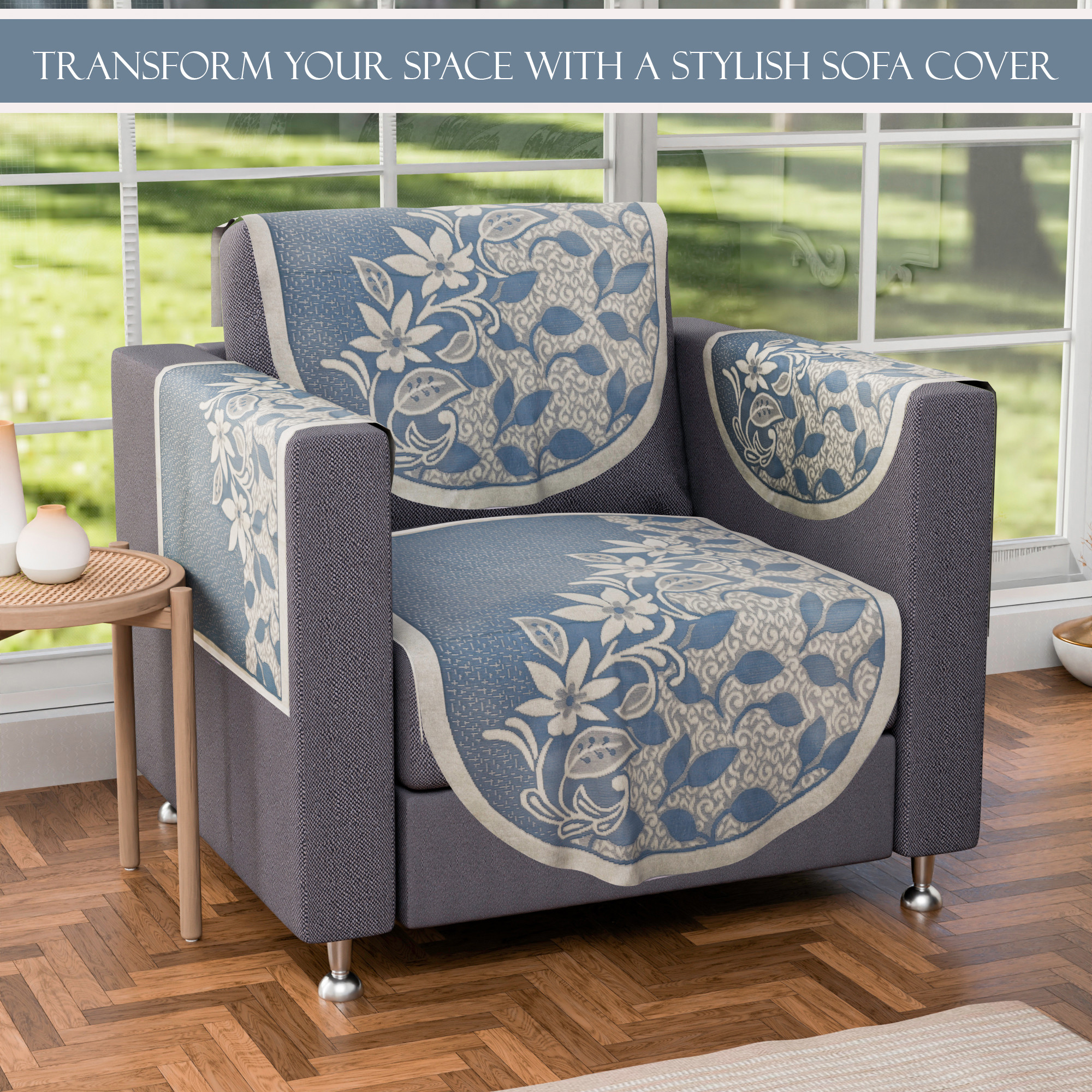 Kuber Industries 5 Seater Cotton Sofa CoverSlip Cover with Arm Cover  16 Pcs Set  Removable  Washable Sofa Set Cover For Living Room -Floral Blue