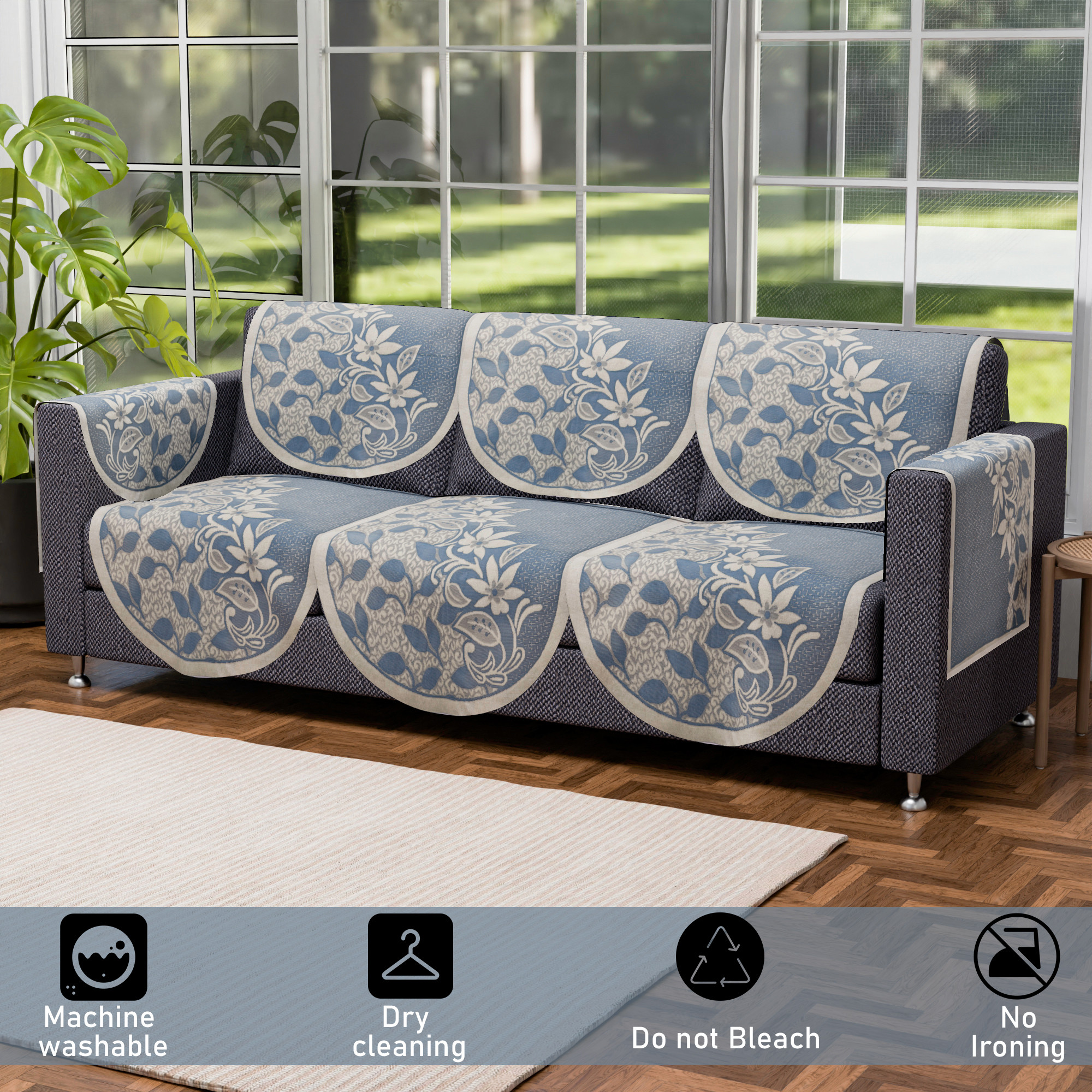 Kuber Industries 5 Seater Cotton Sofa CoverSlip Cover with Arm Cover  16 Pcs Set  Removable  Washable Sofa Set Cover For Living Room -Floral Blue