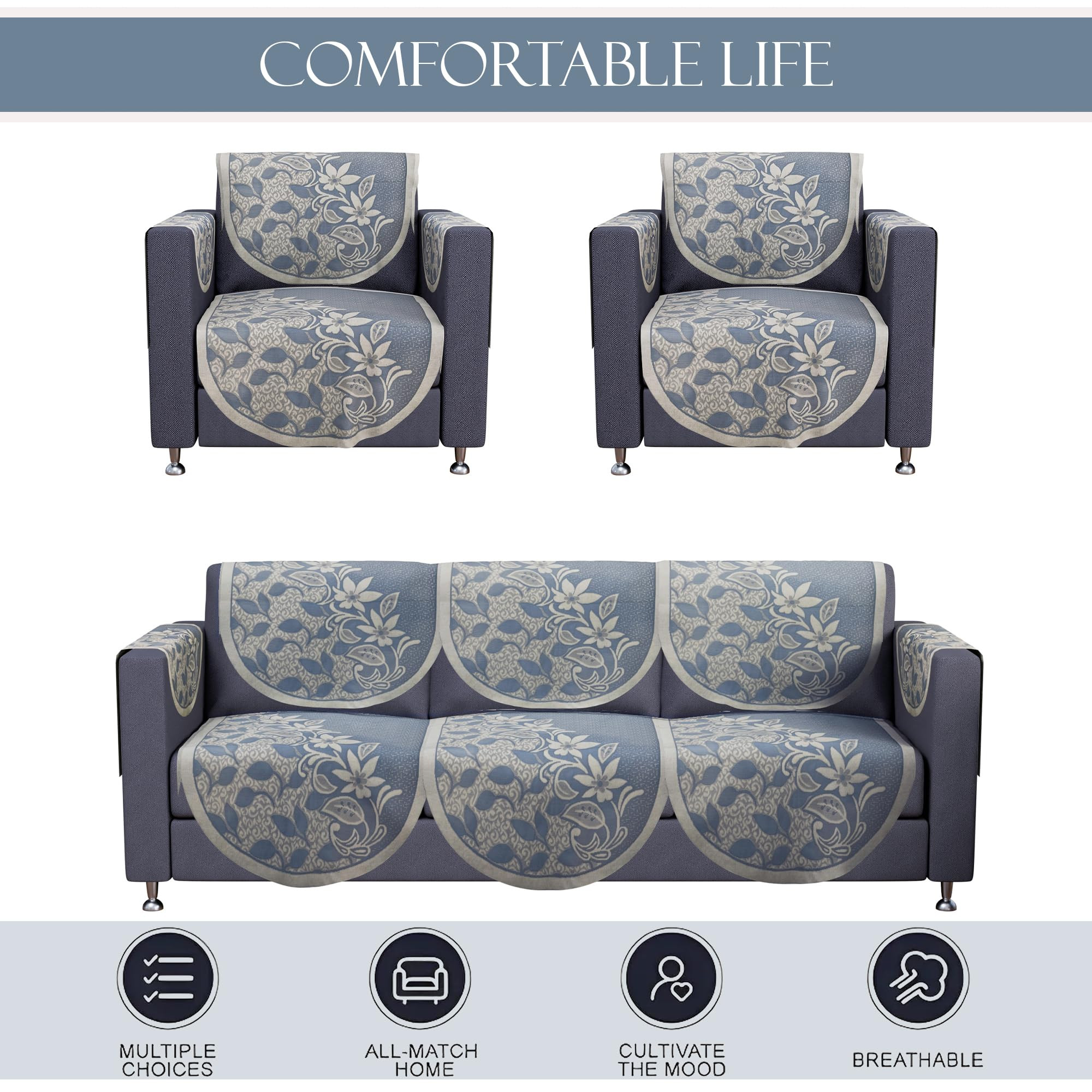 Kuber Industries 5 Seater Cotton Sofa CoverSlip Cover with Arm Cover  16 Pcs Set  Removable  Washable Sofa Set Cover For Living Room -Floral Blue