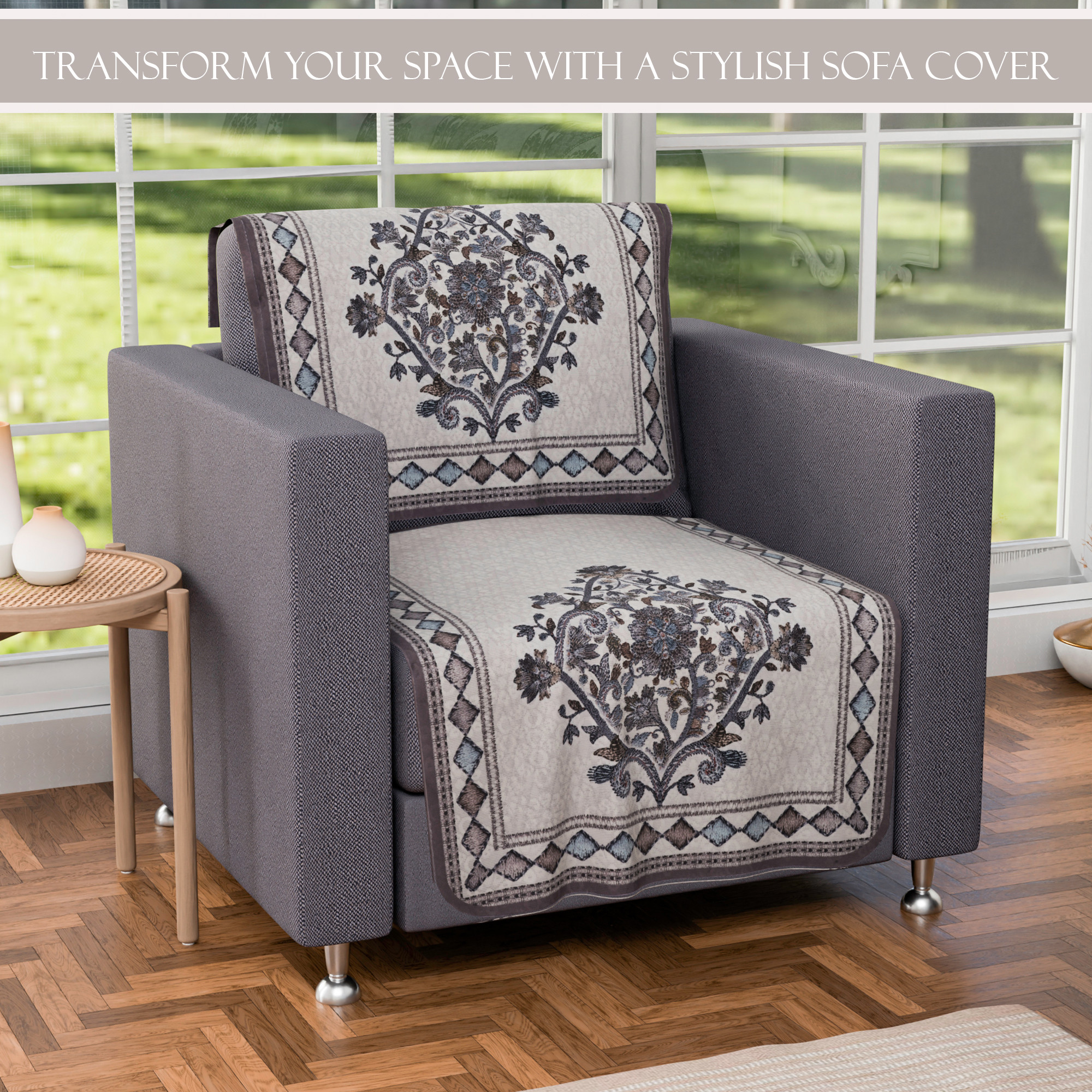 Kuber Industries 5 Seater Cotton Sofa Set Cover  Sofa Slipcover Protector for Home Living Room Hall  Office Couch  Flower Print - Grey