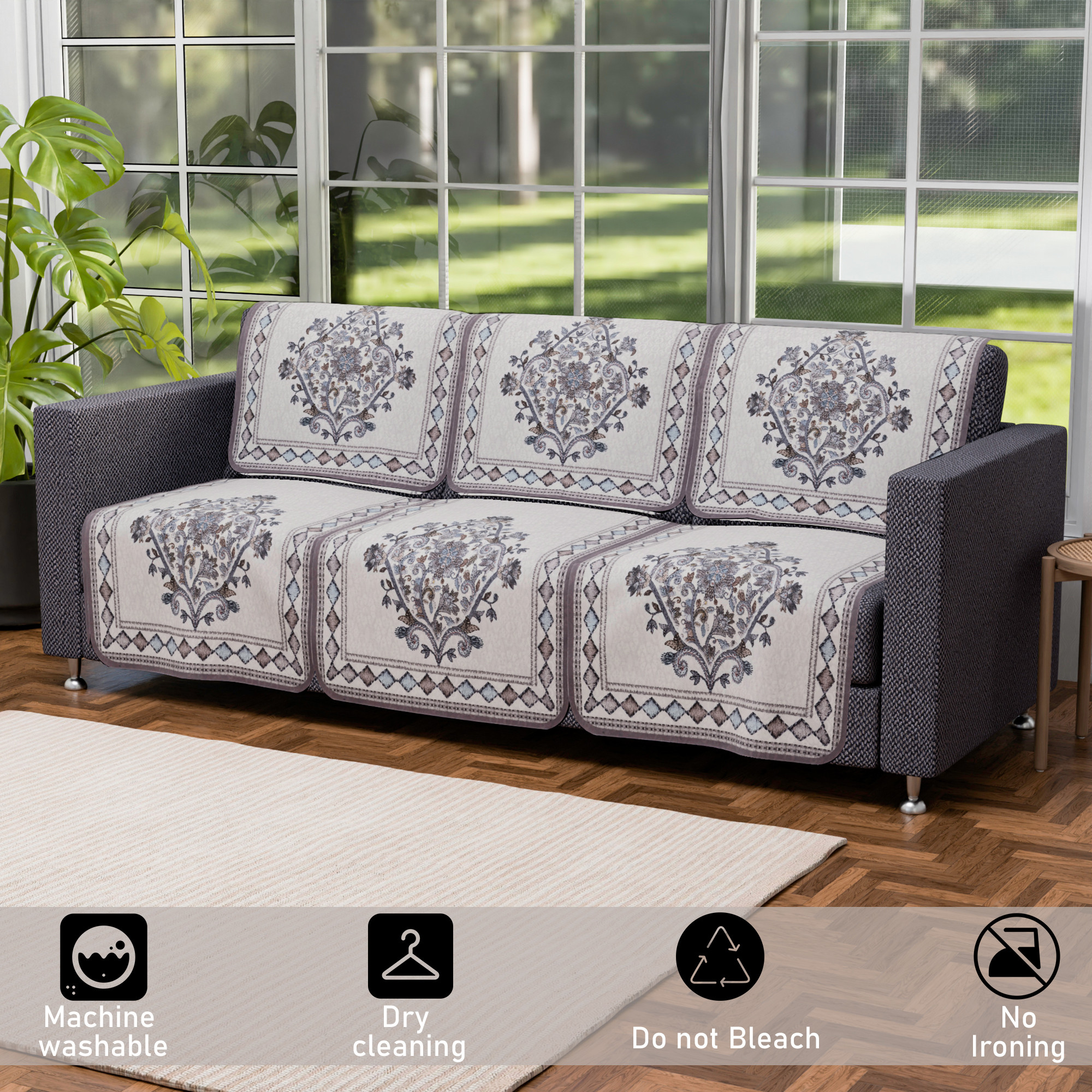 Kuber Industries 5 Seater Cotton Sofa Set Cover  Sofa Slipcover Protector for Home Living Room Hall  Office Couch  Flower Print - Grey