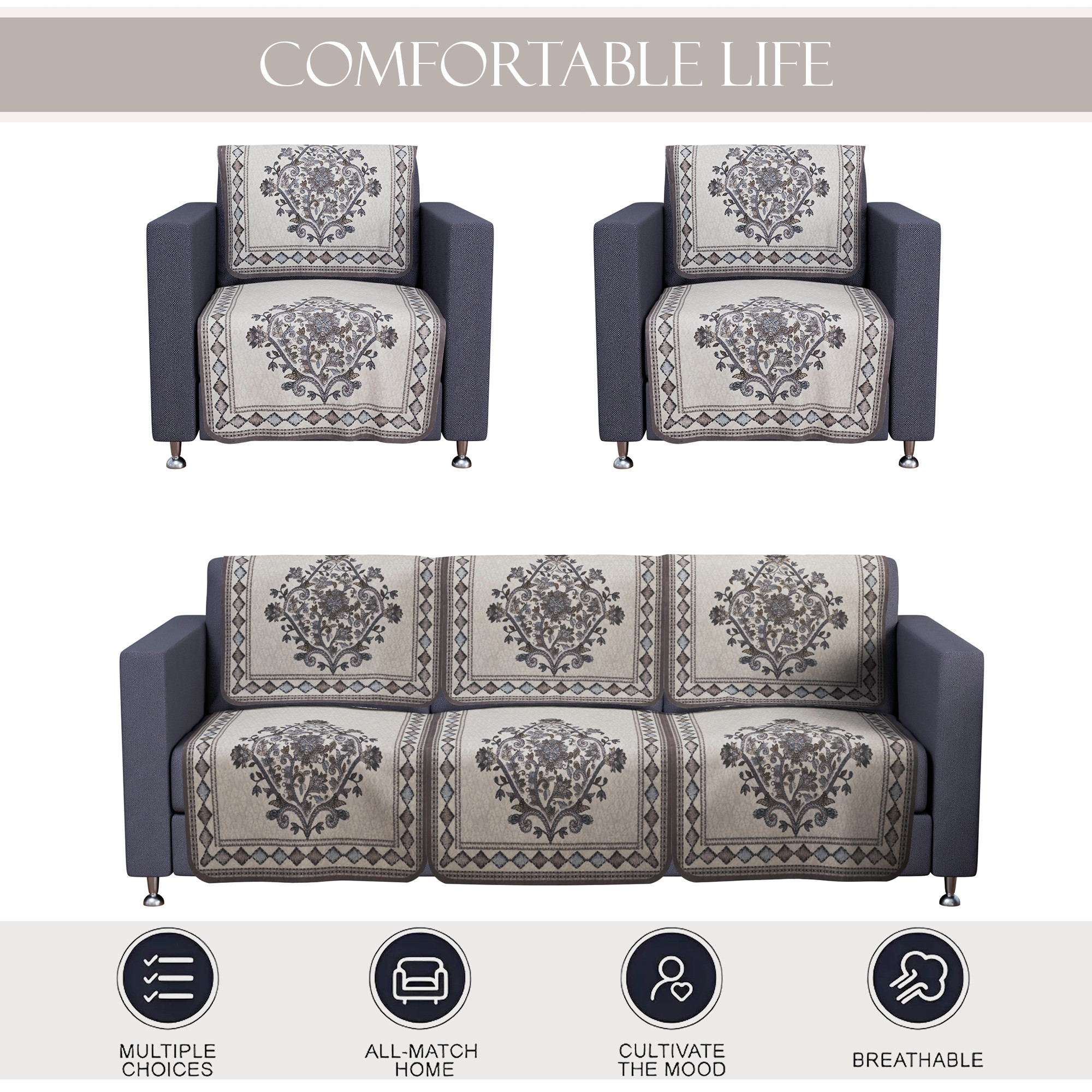 Kuber Industries 5 Seater Cotton Sofa Set Cover  Sofa Slipcover Protector for Home Living Room Hall  Office Couch  Flower Print - Grey
