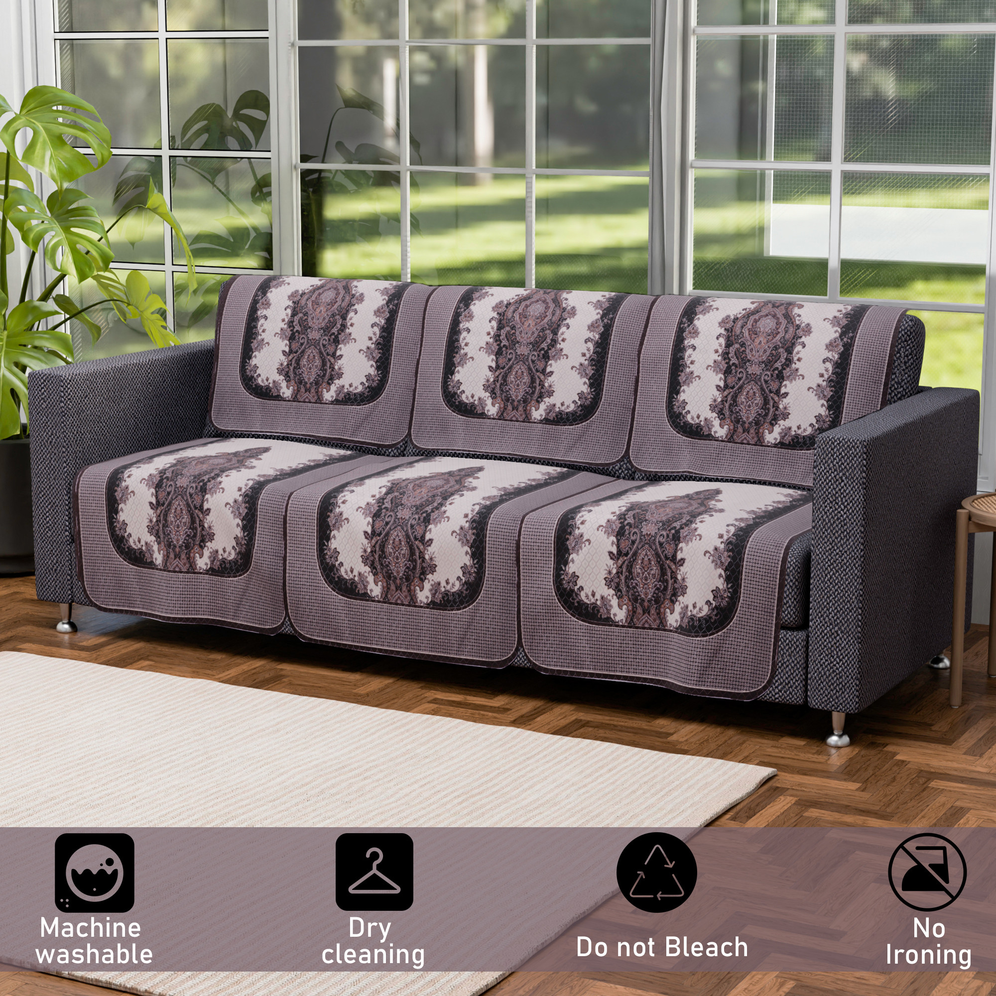 Kuber Industries 5 Seater Sofa Set Cover  Net Design Sofa Slipcover Protector for Home Living Room Hall  Office Couch  Cream  Black