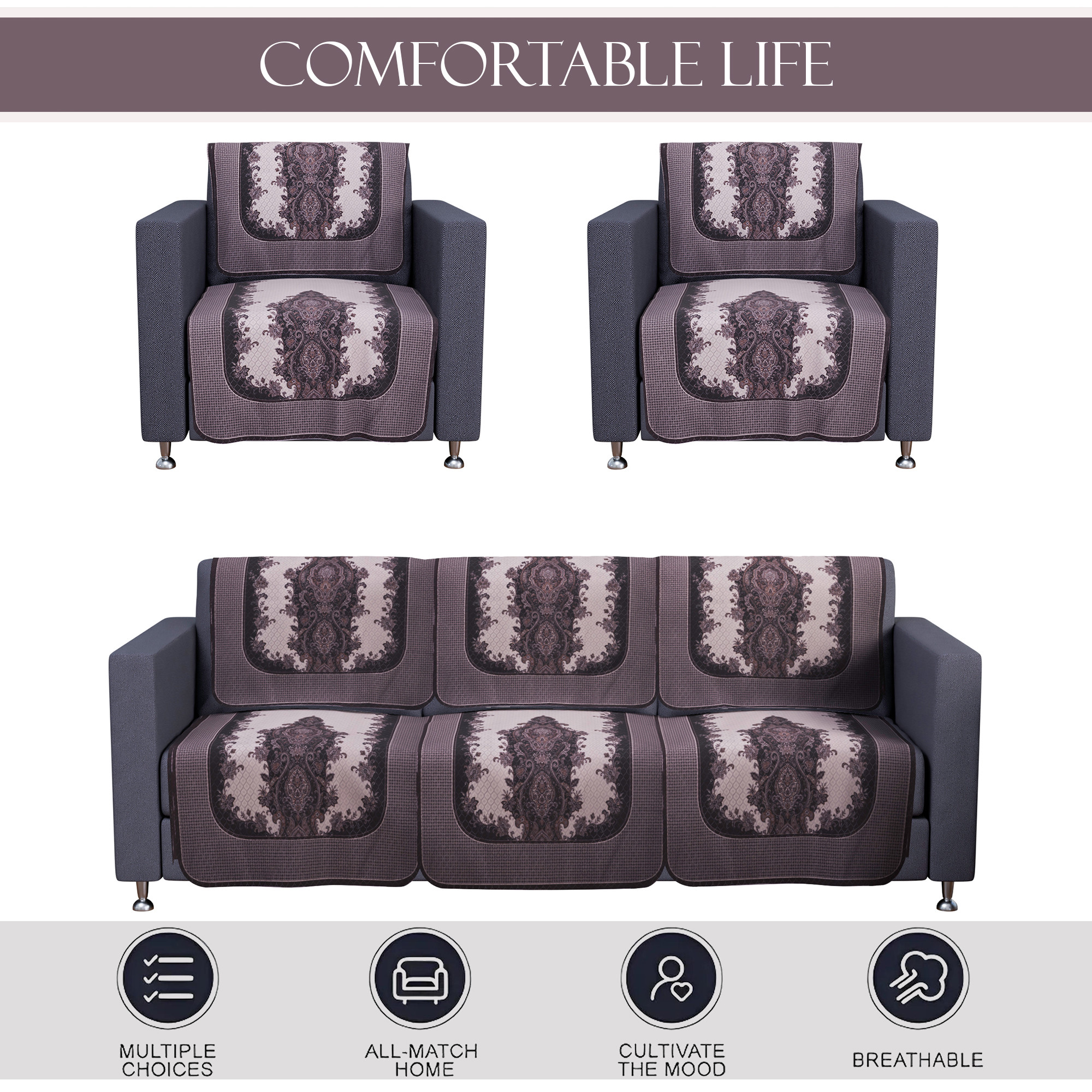 Kuber Industries 5 Seater Sofa Set Cover  Net Design Sofa Slipcover Protector for Home Living Room Hall  Office Couch  Cream  Black