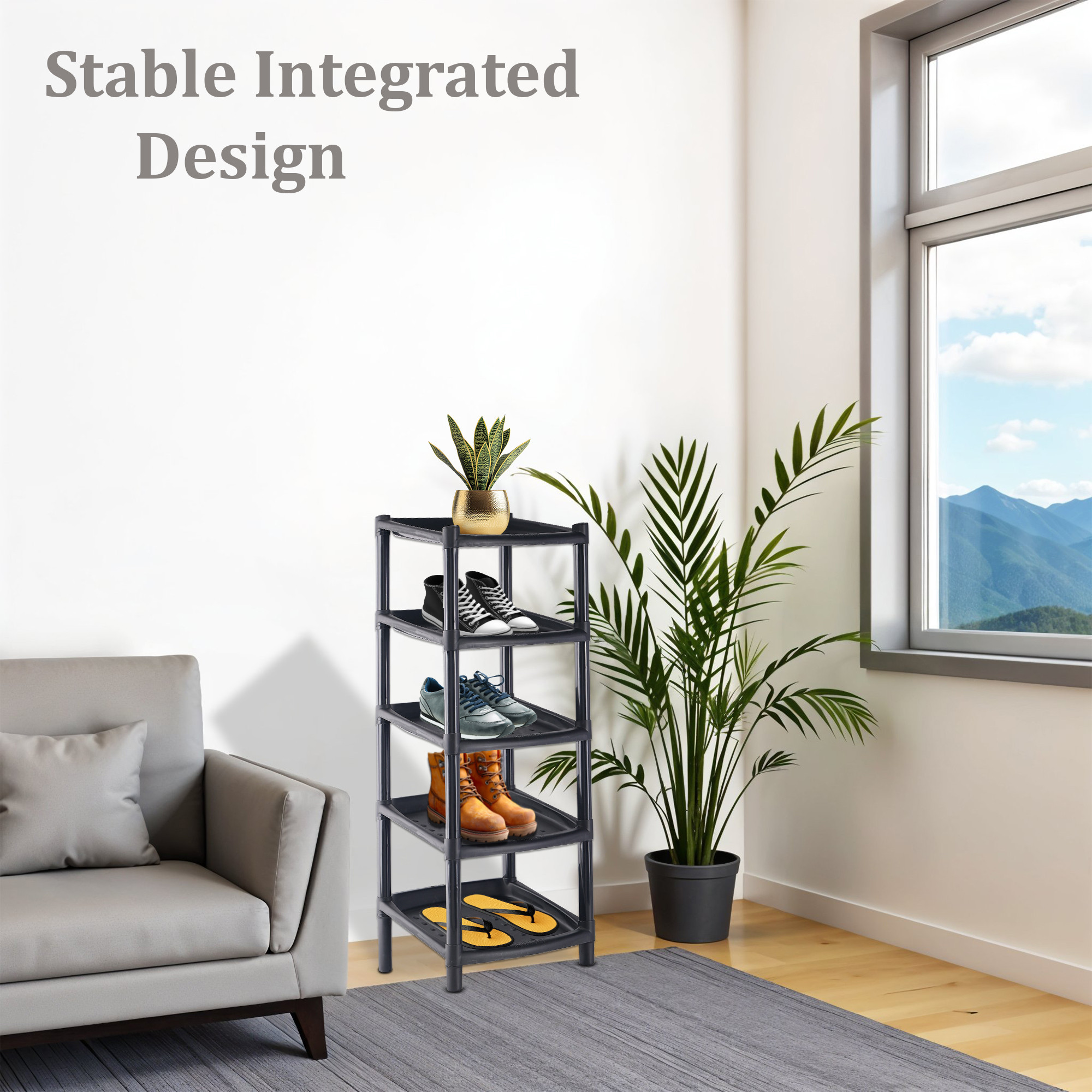 Kuber Industries 5-Tier Collapsible Slipper Stand  Shoes Rack for Home  Sleek Slipper Holder  Footwear Stand  Space-Saving Chappal  Shoe Stand for Home Outdoor  Indoor  Ash Black