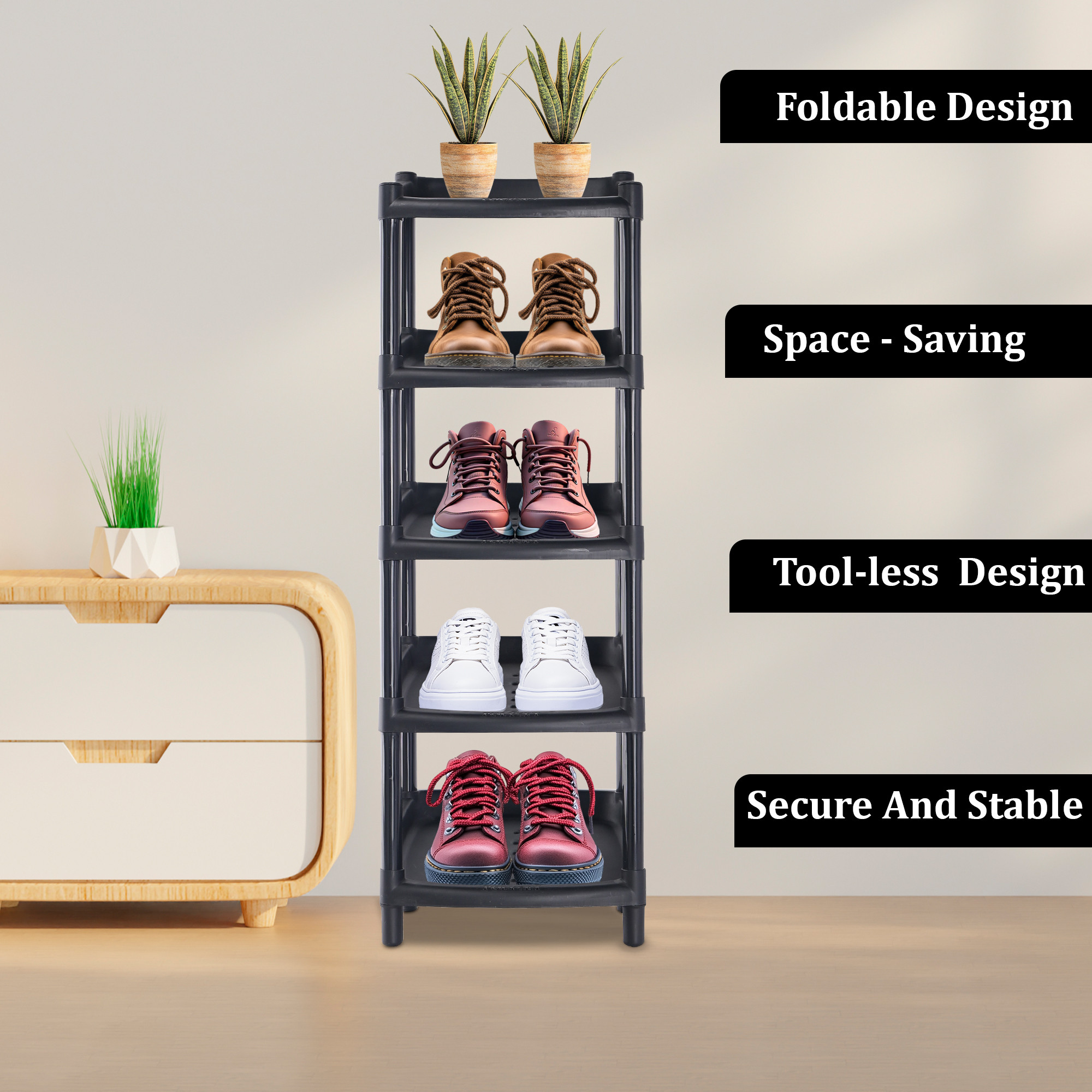 Kuber Industries 5-Tier Collapsible Slipper Stand  Shoes Rack for Home  Sleek Slipper Holder  Footwear Stand  Space-Saving Chappal  Shoe Stand for Home Outdoor  Indoor  Ash Black