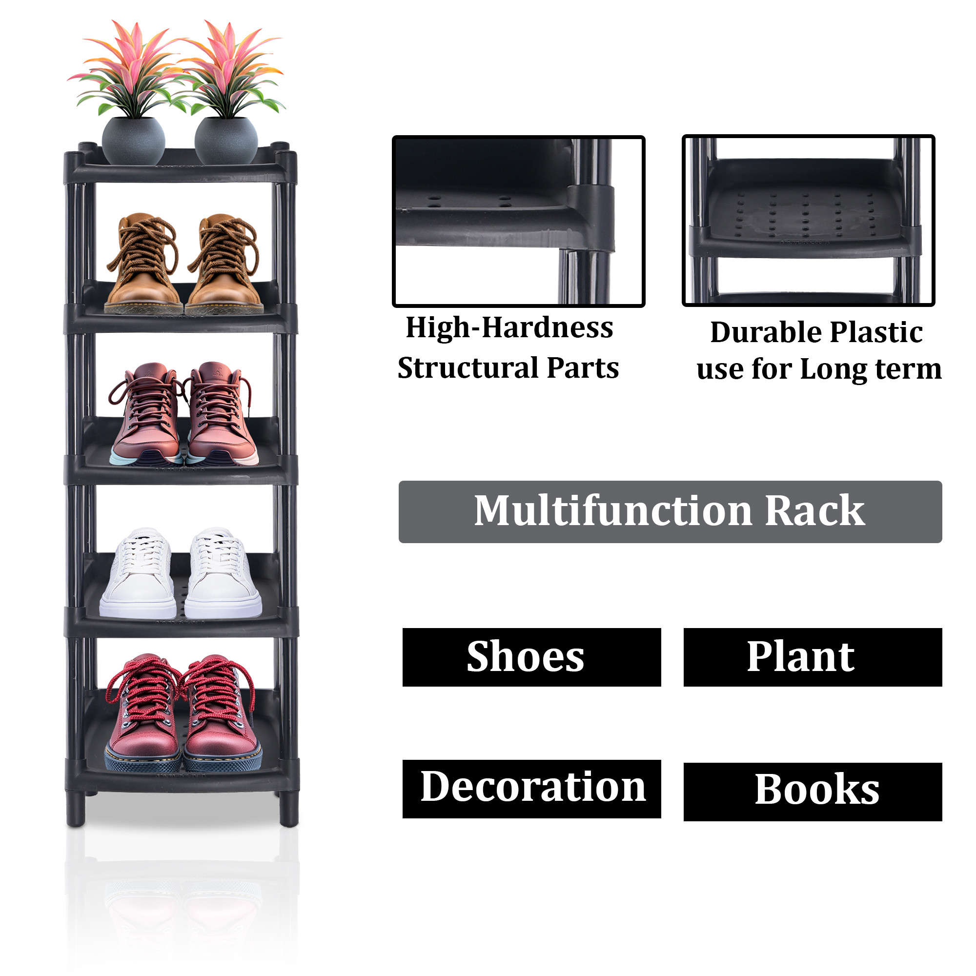 Kuber Industries 5-Tier Collapsible Slipper Stand  Shoes Rack for Home  Sleek Slipper Holder  Footwear Stand  Space-Saving Chappal  Shoe Stand for Home Outdoor  Indoor  Ash Black