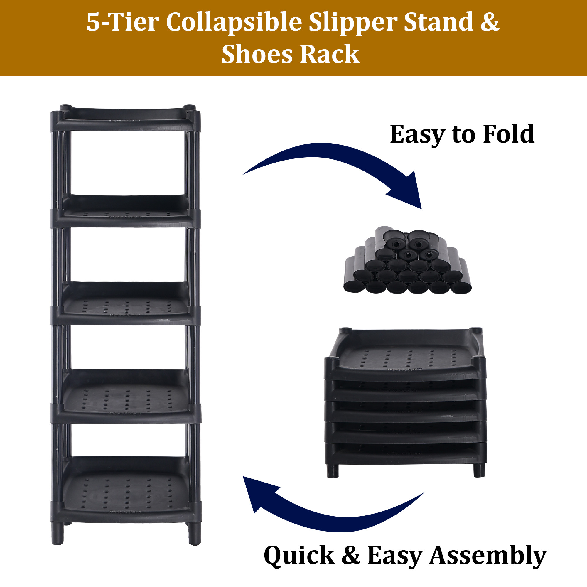 Kuber Industries 5-Tier Collapsible Slipper Stand  Shoes Rack for Home  Sleek Slipper Holder  Footwear Stand  Space-Saving Chappal  Shoe Stand for Home Outdoor  Indoor  Ash Black