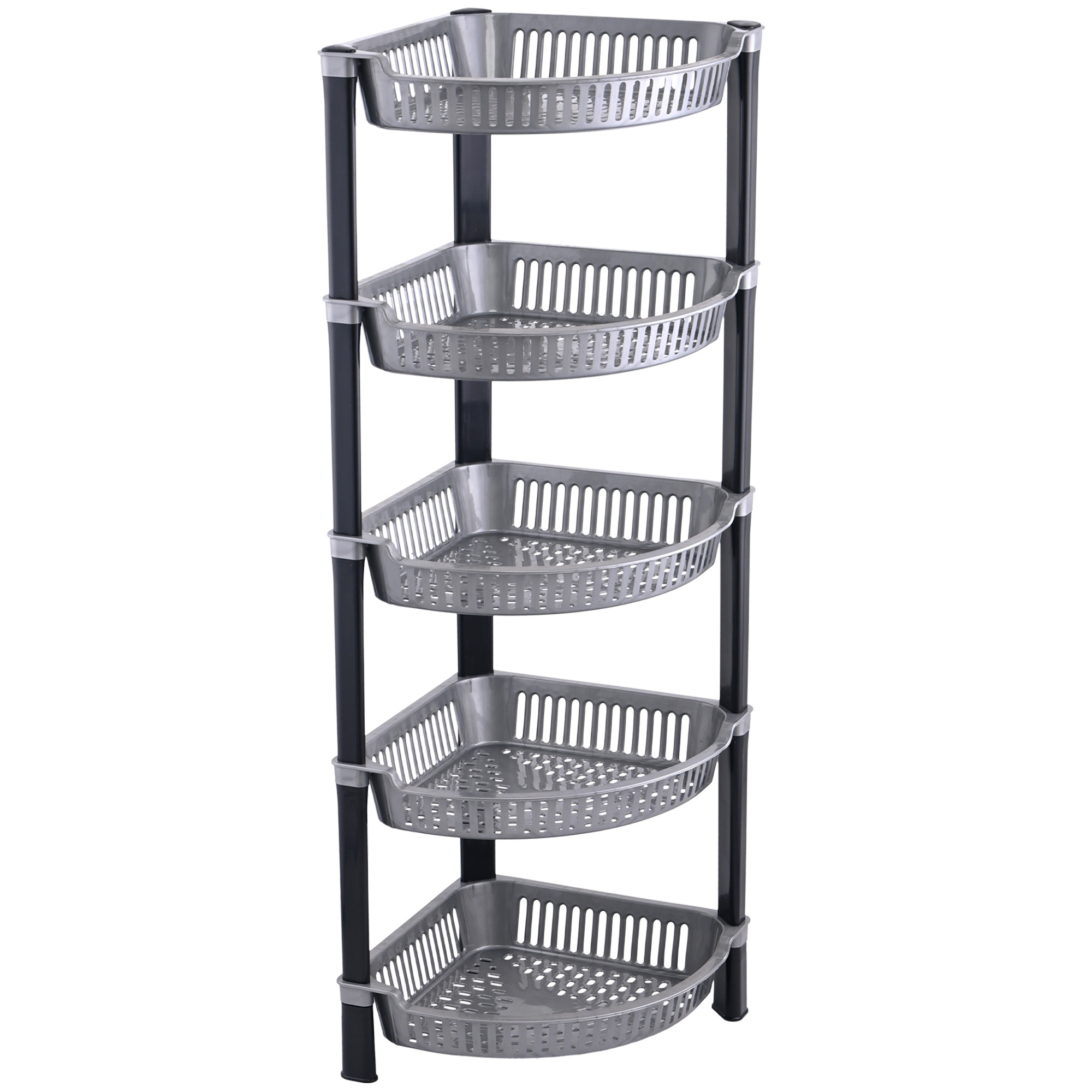 Kuber Industries 5 Tier Folding Plastic Fruit  Vegetable Basket Stand  Onion Potato Rack for Kitchen Storage Corner  Modern Organizer Aalu Pyaj Storage Basket Shelf Stand  Silver