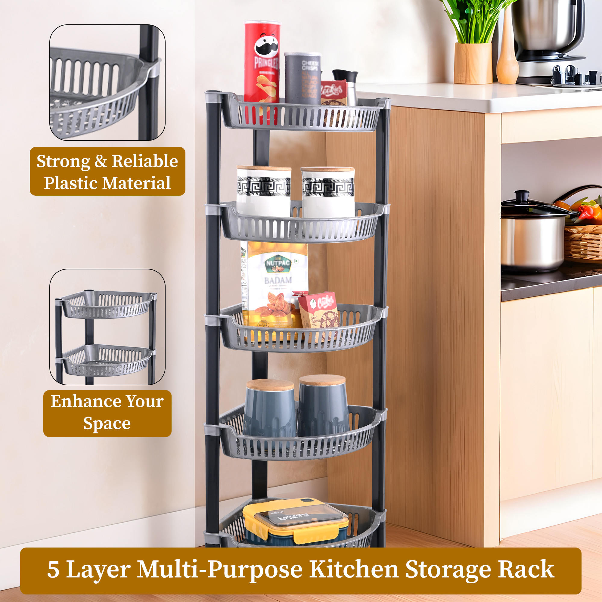 Kuber Industries 5 Tier Folding Plastic Fruit  Vegetable Basket Stand  Onion Potato Rack for Kitchen Storage Corner  Modern Organizer Aalu Pyaj Storage Basket Shelf Stand  Silver