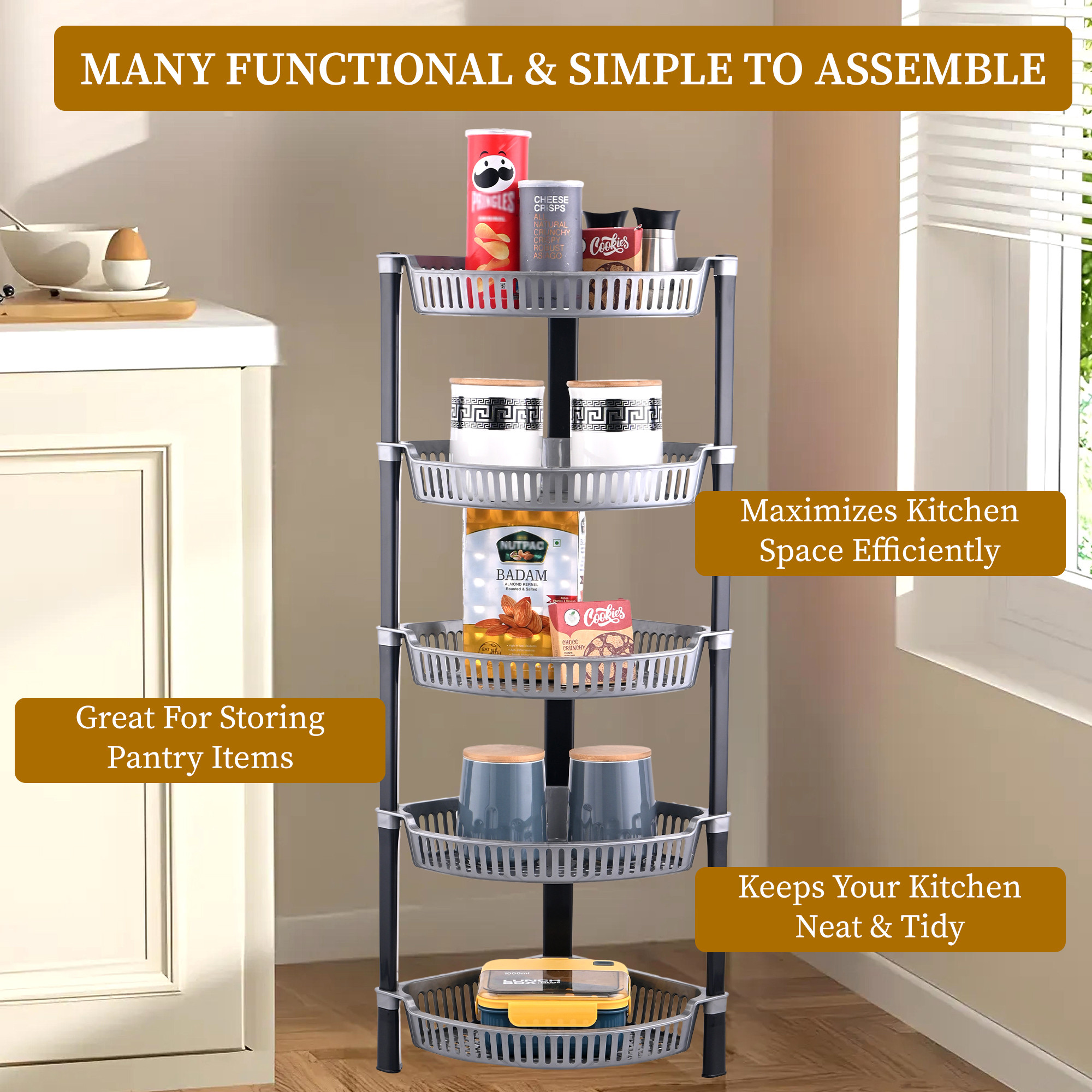 Kuber Industries 5 Tier Folding Plastic Fruit  Vegetable Basket Stand  Onion Potato Rack for Kitchen Storage Corner  Modern Organizer Aalu Pyaj Storage Basket Shelf Stand  Silver