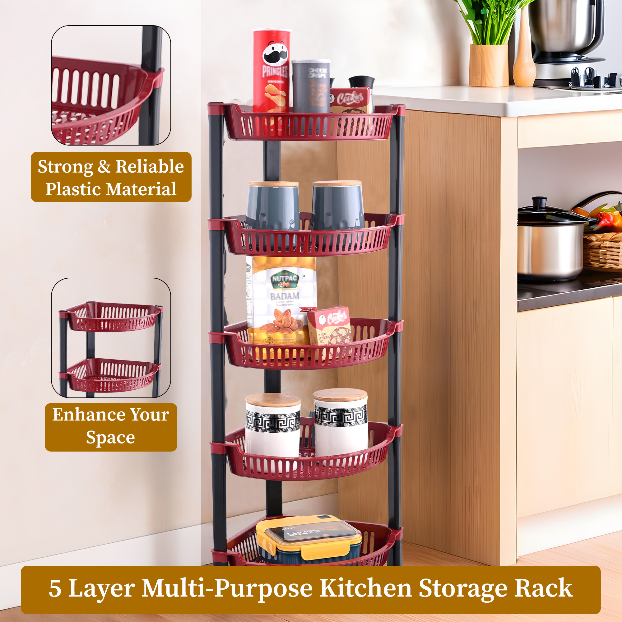 Kuber Industries 5 Tier Folding Plastic Fruit  Vegetable Basket Stand  Onion Potato Rack for Kitchen Storage Corner  Modern Organizer Aalu Pyaj Storage Basket Shelf Stand  Brown