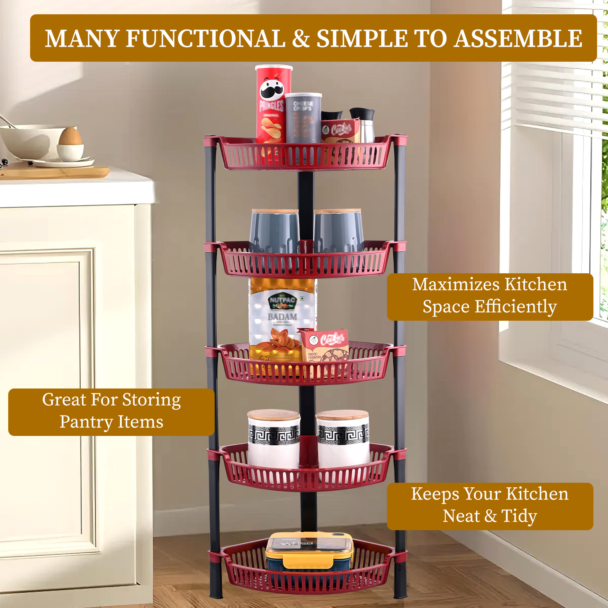 Kuber Industries 5 Tier Folding Plastic Fruit  Vegetable Basket Stand  Onion Potato Rack for Kitchen Storage Corner  Modern Organizer Aalu Pyaj Storage Basket Shelf Stand  Brown