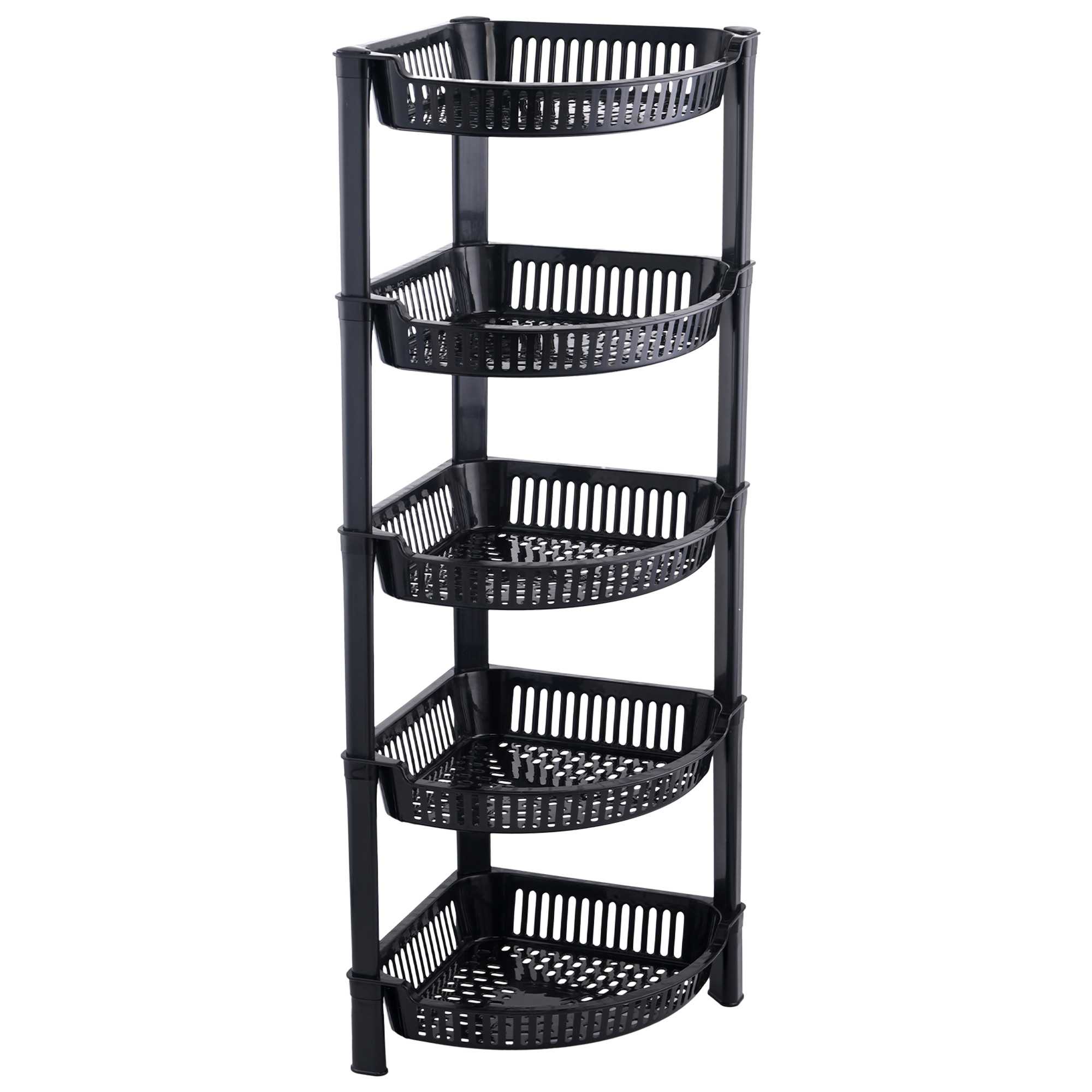 Kuber Industries 5 Tier Folding Plastic Fruit  Vegetable Basket Stand  Onion Potato Rack for Kitchen Storage Corner  Modern Organizer Aalu Pyaj Storage Basket Shelf Stand  Black