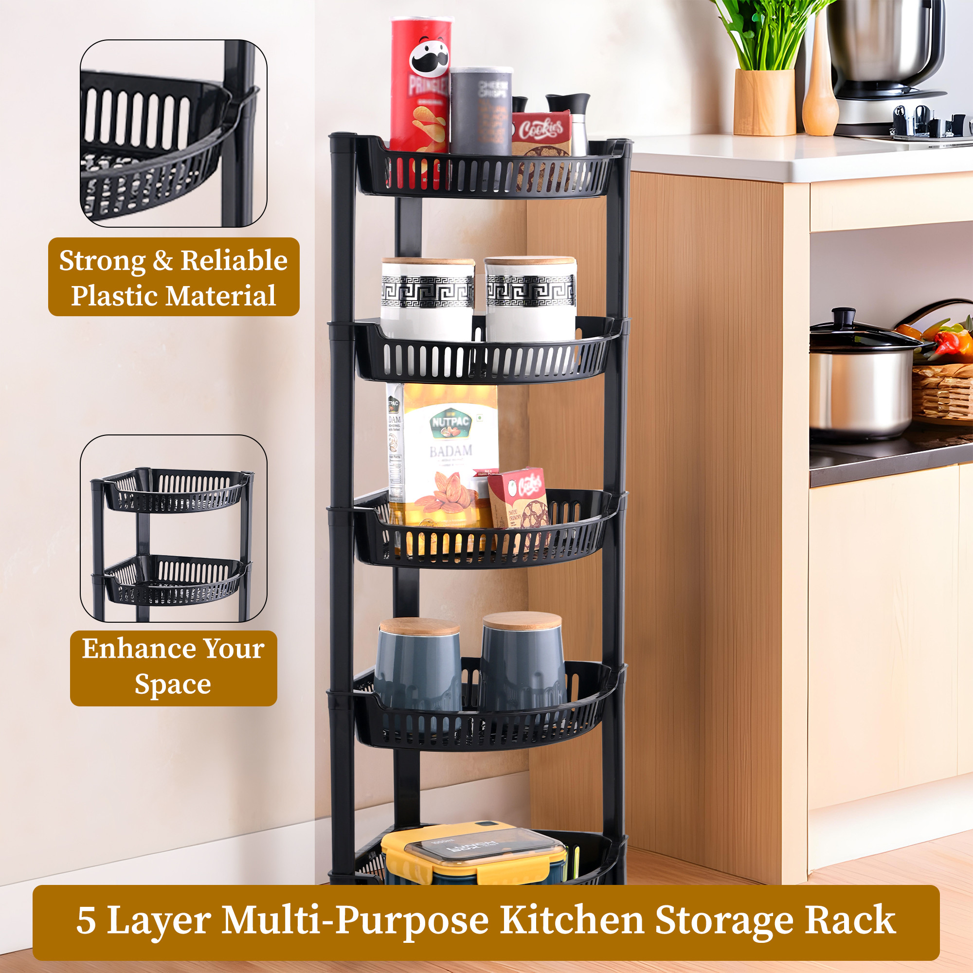 Kuber Industries 5 Tier Folding Plastic Fruit  Vegetable Basket Stand  Onion Potato Rack for Kitchen Storage Corner  Modern Organizer Aalu Pyaj Storage Basket Shelf Stand  Black