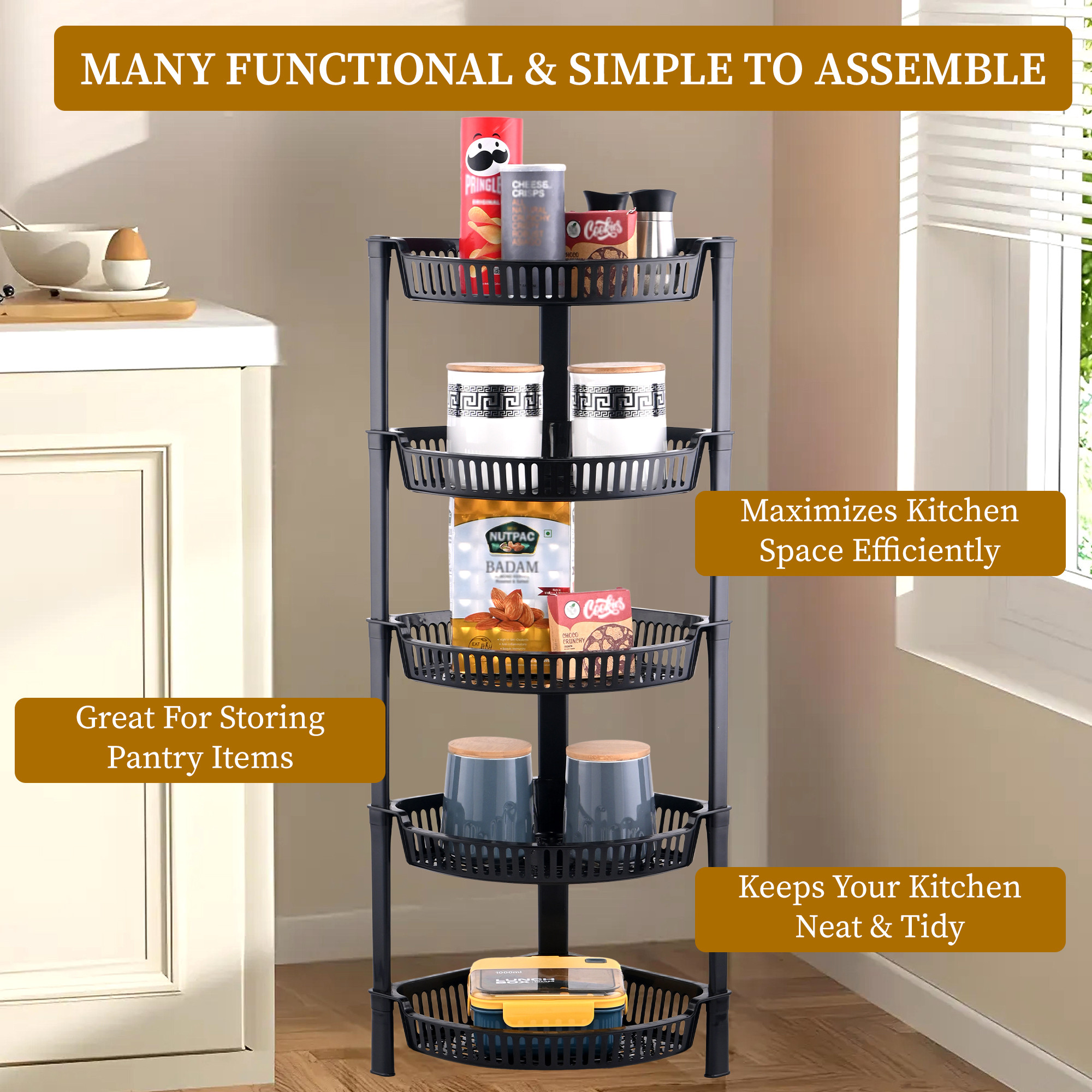 Kuber Industries 5 Tier Folding Plastic Fruit  Vegetable Basket Stand  Onion Potato Rack for Kitchen Storage Corner  Modern Organizer Aalu Pyaj Storage Basket Shelf Stand  Black