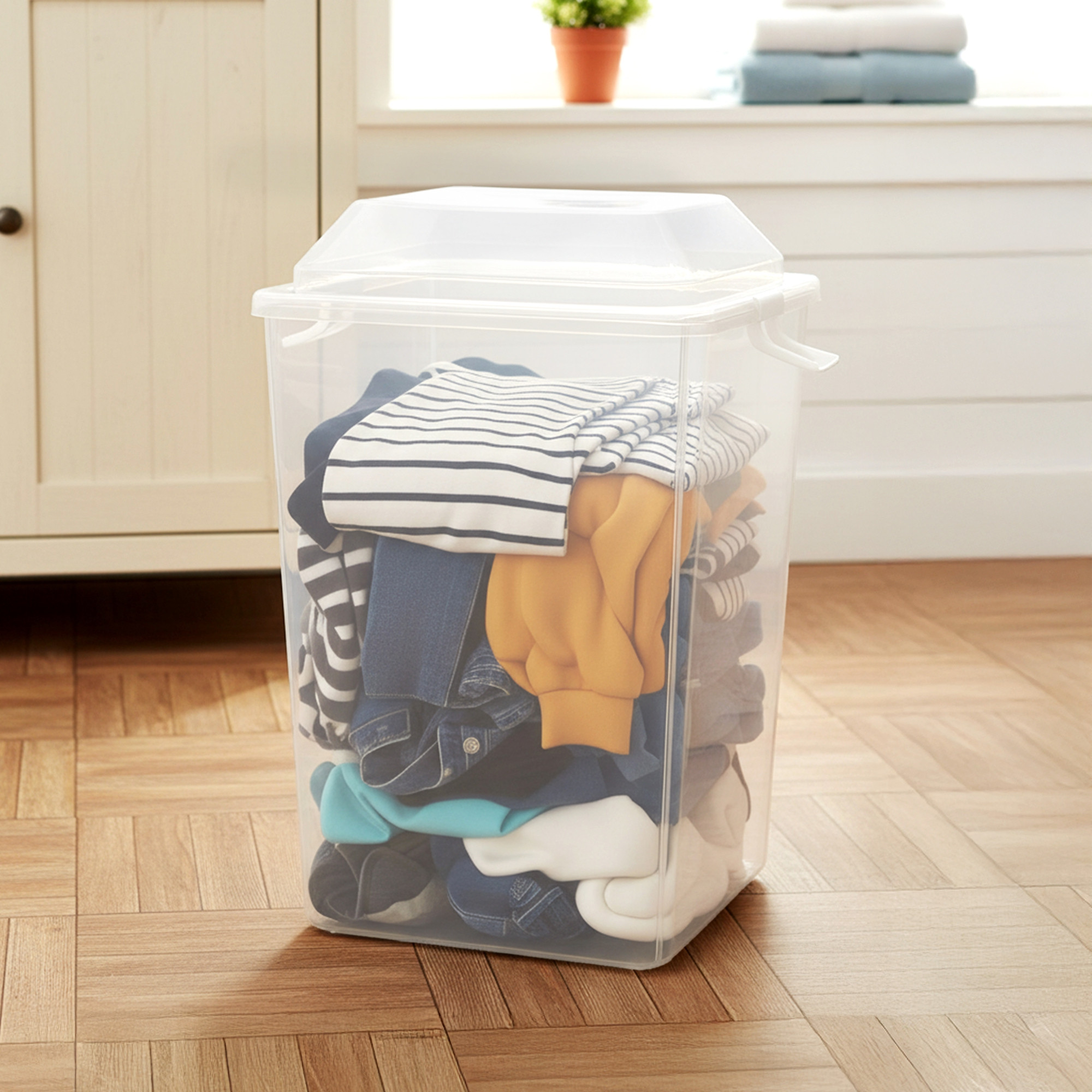 Kuber Industries 50 LTR Heavy Duty Plastic Storage Container with Lid and Handle  Multipurpose Hamper Bin Storing Clothes Toys Books  Portable Houseware Ideal for Home  Kitchen  Transparent