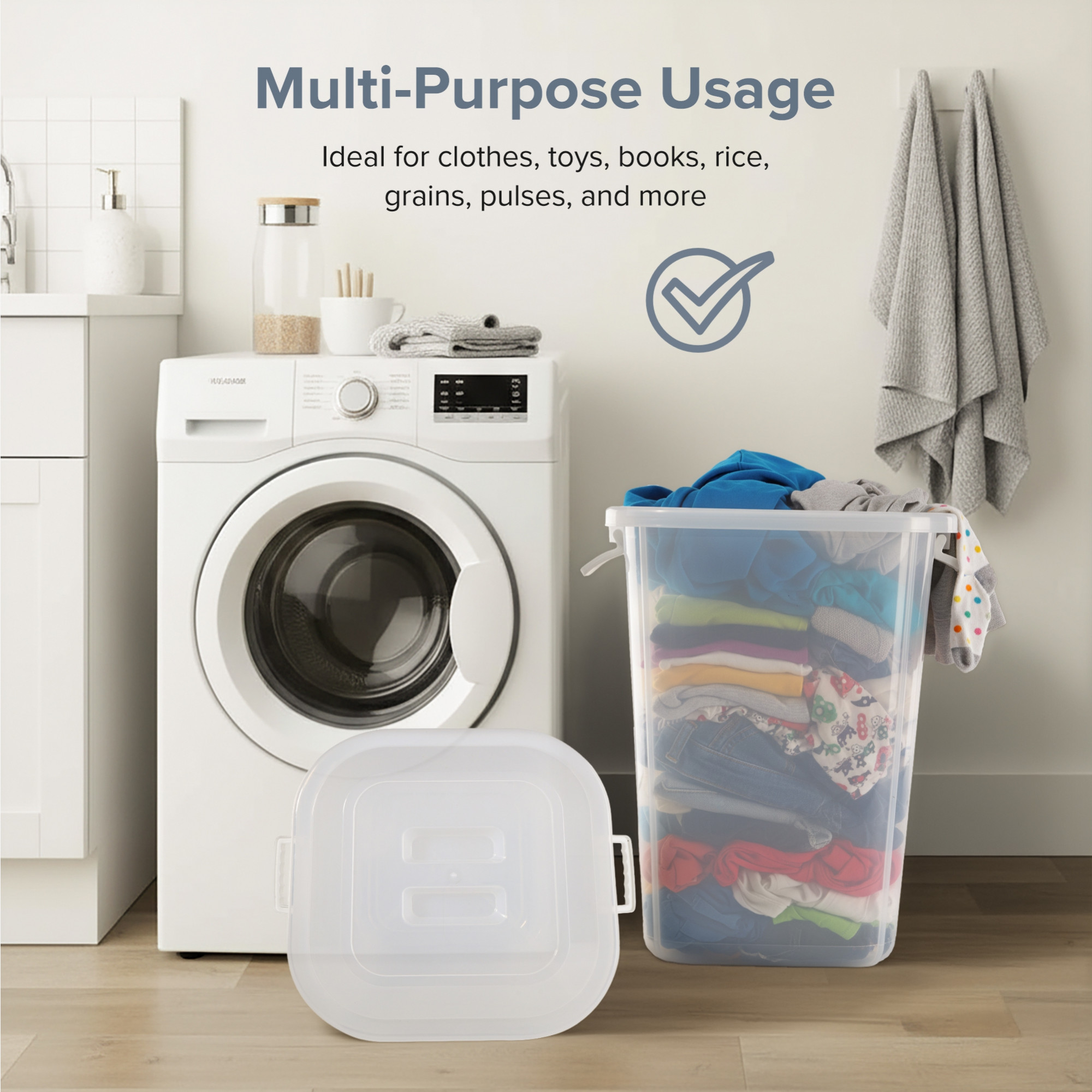 Kuber Industries 50 LTR Heavy Duty Plastic Storage Container with Lid and Handle  Multipurpose Hamper Bin Storing Clothes Toys Books  Portable Houseware Ideal for Home  Kitchen  Transparent