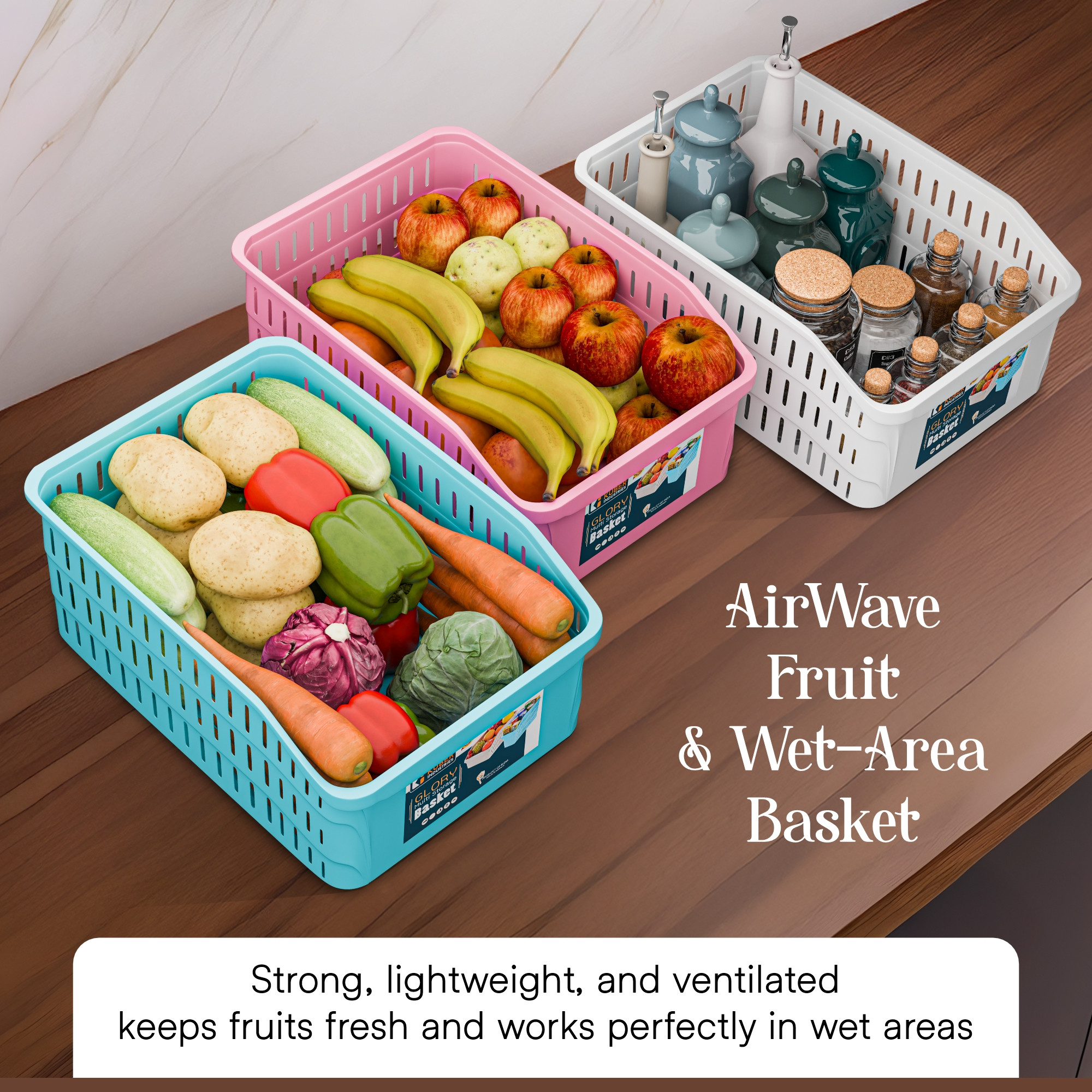 Kuber Industries 5000 ML Set of 3 Plastic Bpa Free Multipurpose Basket for Storage  Fruits and Vegetable Basket for Kitchen and Home Organiser  White Pink  Skyblue