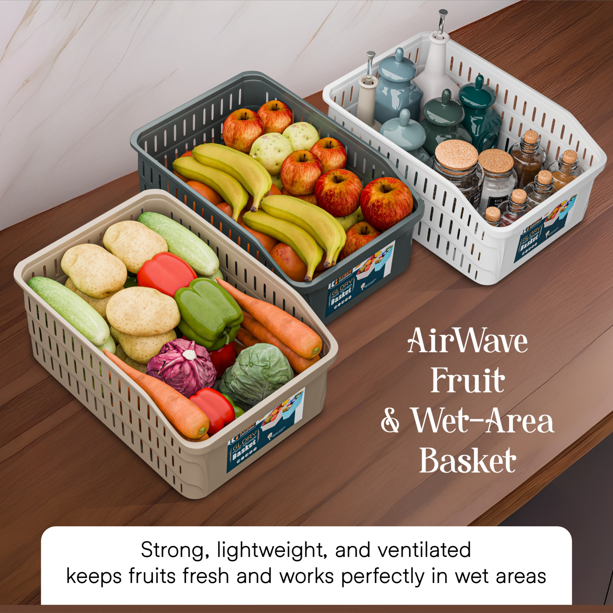 Kuber Industries 5000 ML Set of 3 Plastic Bpa Free Multipurpose Basket for Storage  Fruits and Vegetable Basket for Kitchen and Home Organiser  White Grey  Beige