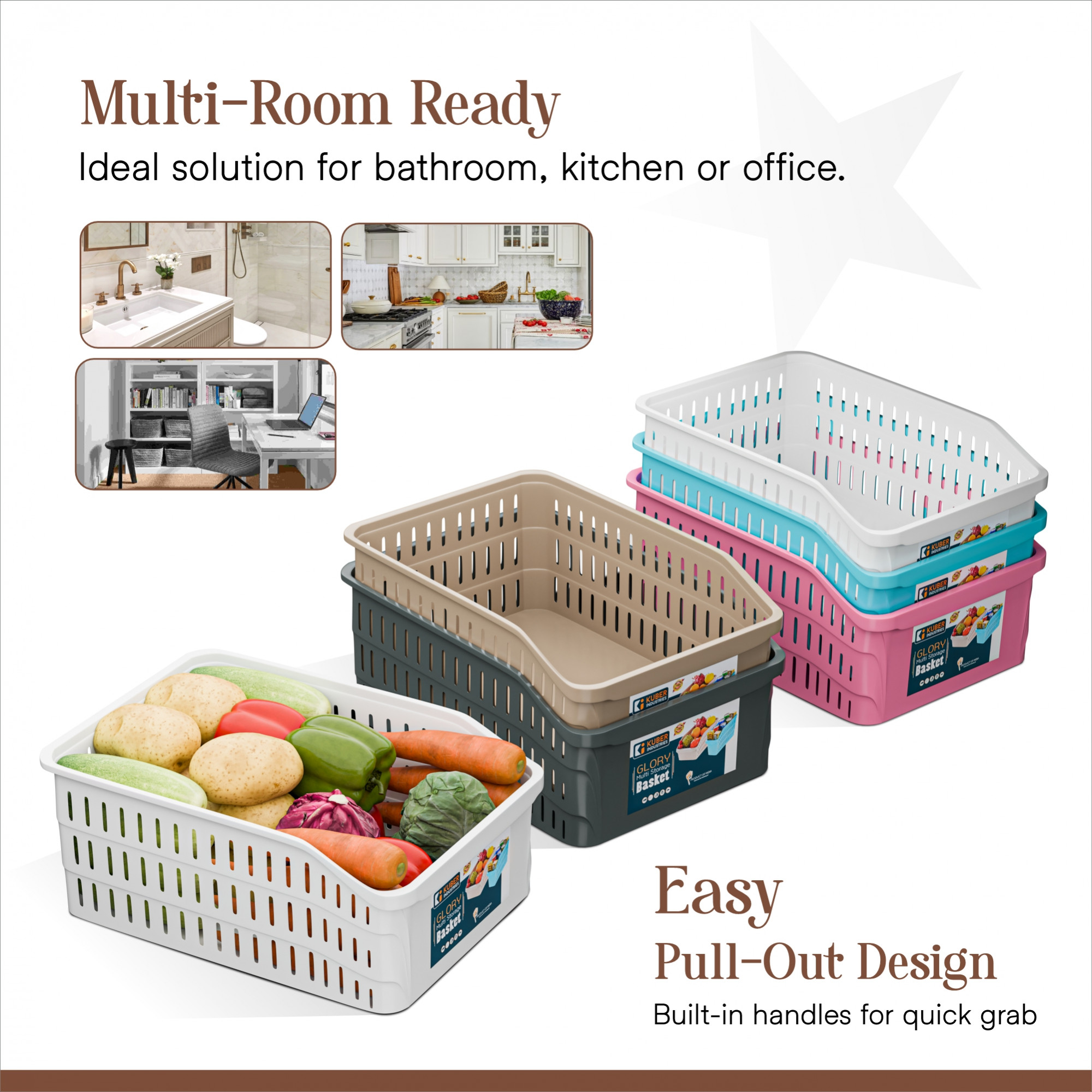 Kuber Industries 5000 ML Set of 3 Plastic Bpa Free Multipurpose Basket for Storage  Fruits and Vegetable Basket for Kitchen and Home Organiser  White Grey  Beige