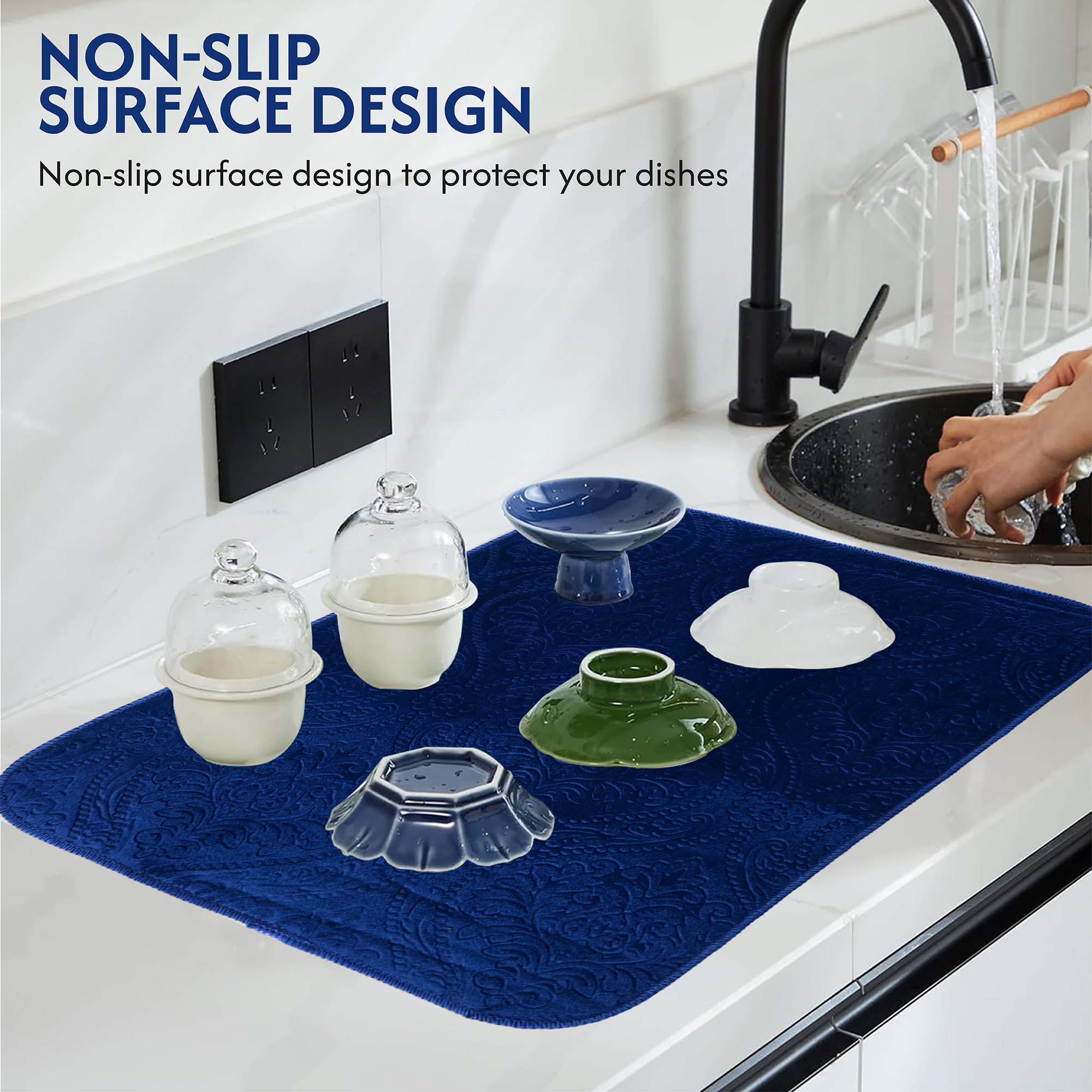 Kuber Industries 50x70 Soft Microfiber Dish Drying Mat for Kitchen  Machine Washable  Quick Drying Water Absorbing Mat for Kitchen Dishes Utensils  Crockery  Embossed Design - Blue