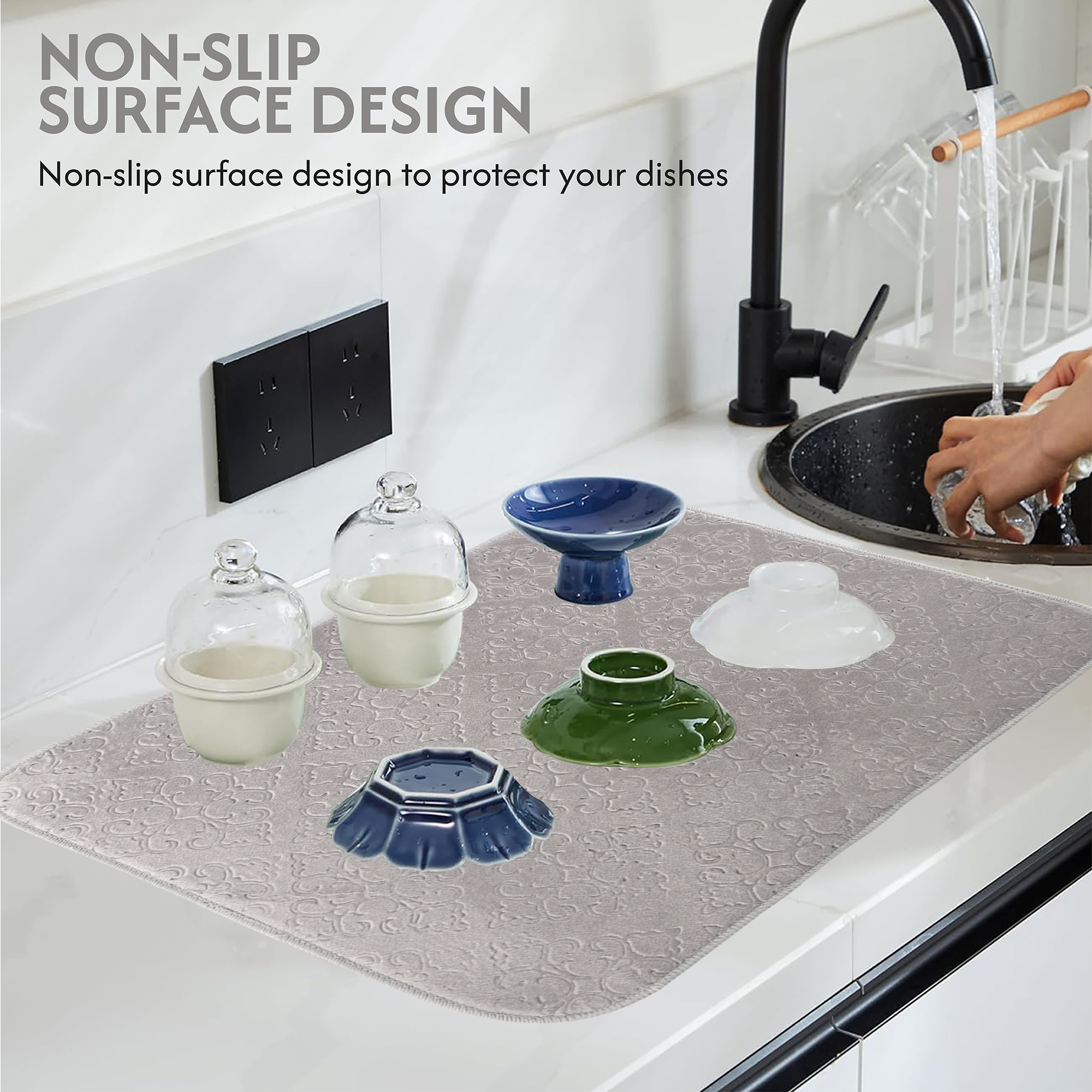 Kuber Industries 50x70 Soft Microfiber Dish Drying Mat for Kitchen  Machine Washable  Quick Drying Water Absorbing Mat for Kitchen Dishes Utensils  Crockery  Embossed Design - Grey