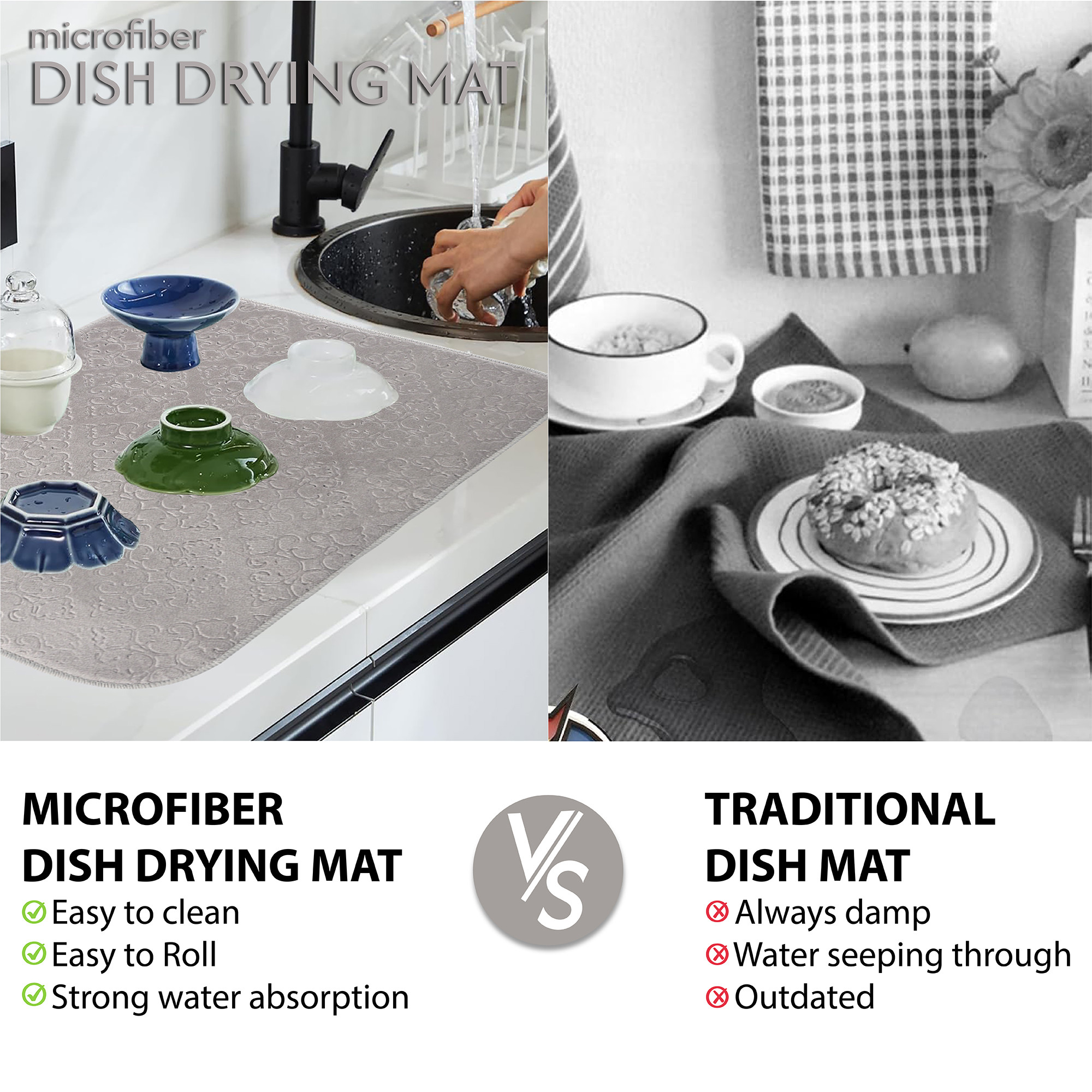 Kuber Industries 50x70 Soft Microfiber Dish Drying Mat for Kitchen  Machine Washable  Quick Drying Water Absorbing Mat for Kitchen Dishes Utensils  Crockery  Embossed Design - Grey